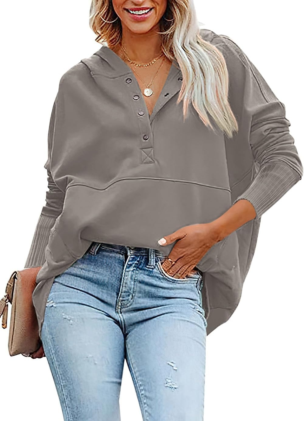 image:imagePRETTYGARDEN Womens Casual Long Sleeve Lapel Zipper Sweatshirt Drawstring Loose Pullover TopsGrey