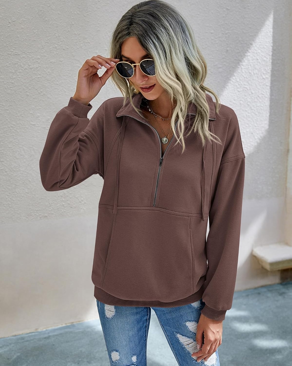 image:imagePRETTYGARDEN Womens Casual Long Sleeve Lapel Zipper Sweatshirt Drawstring Loose Pullover TopsGrey Brown