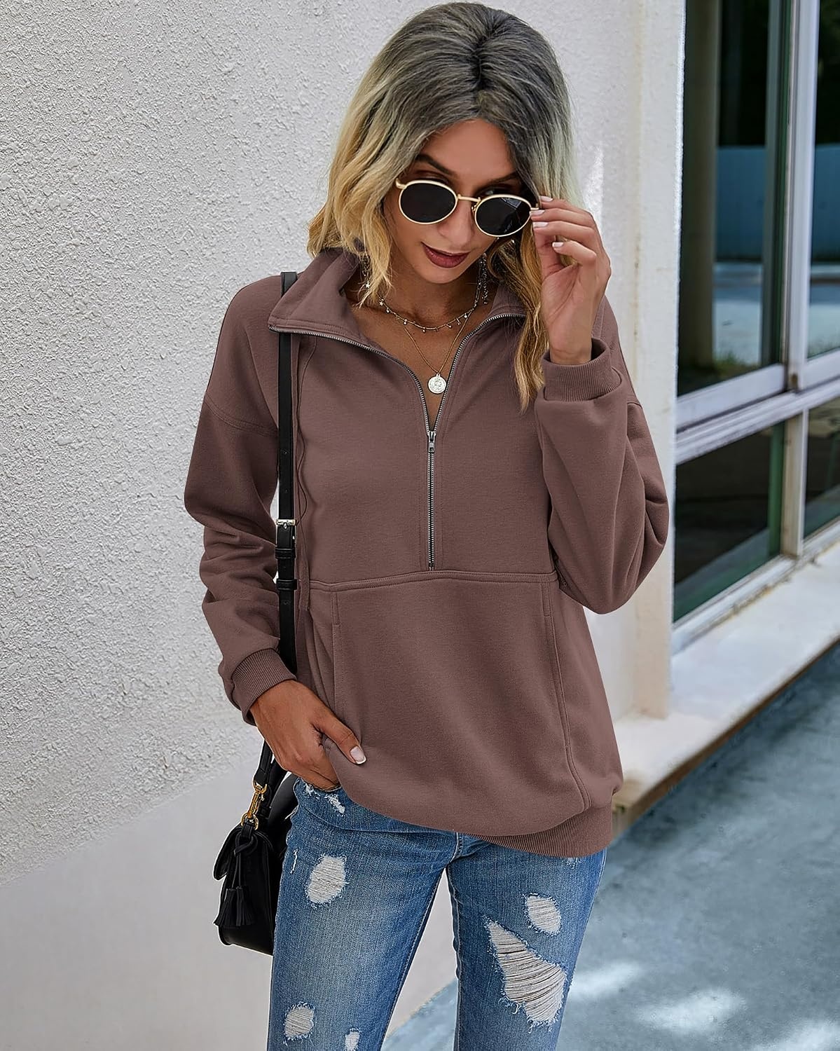 image:imagePRETTYGARDEN Womens Casual Long Sleeve Lapel Zipper Sweatshirt Drawstring Loose Pullover TopsGrey Brown