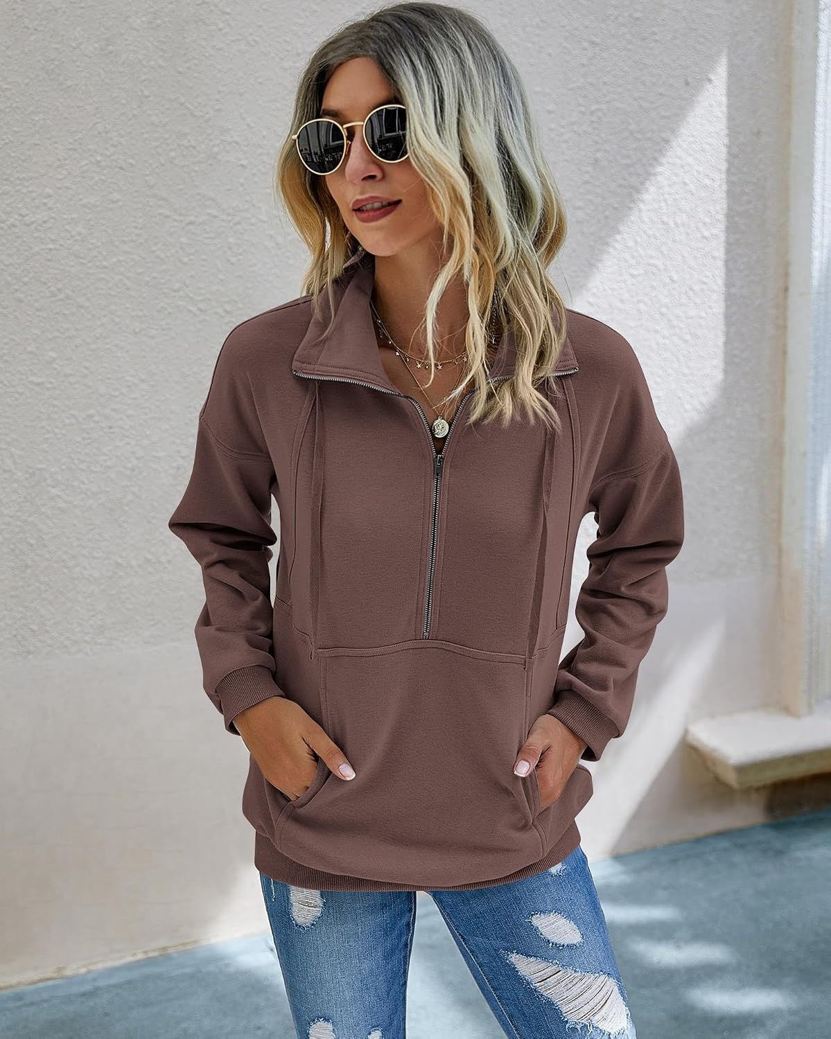 image:imagePRETTYGARDEN Womens Casual Long Sleeve Lapel Zipper Sweatshirt Drawstring Loose Pullover TopsGrey Brown
