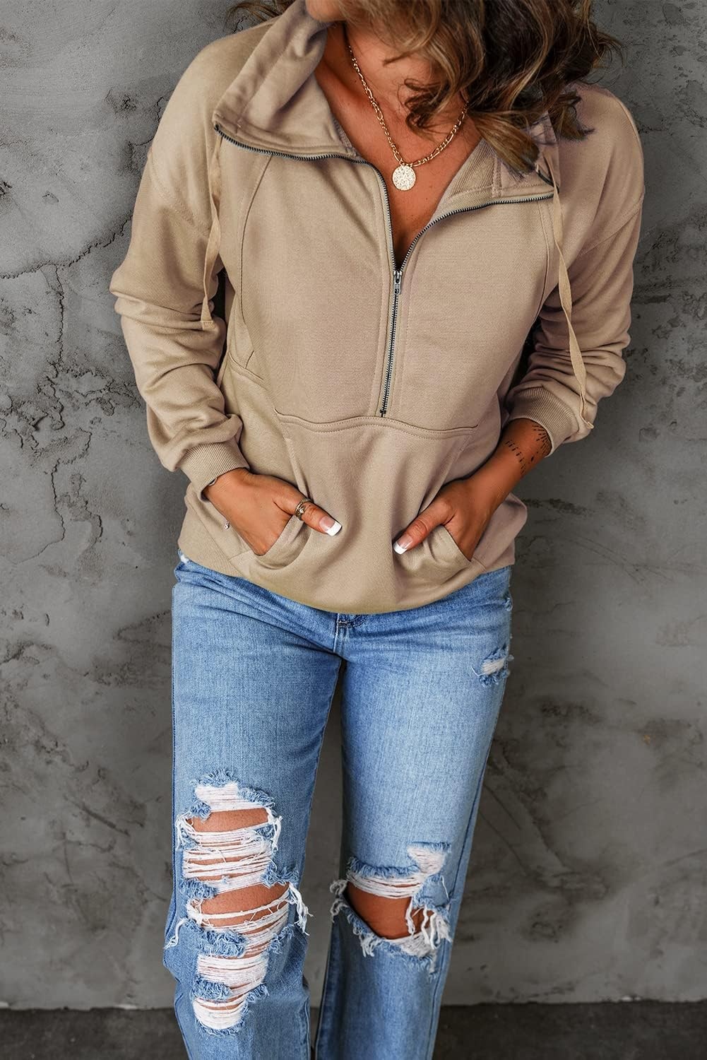 image:imagePRETTYGARDEN Womens Casual Long Sleeve Lapel Zipper Sweatshirt Drawstring Loose Pullover TopsKhaki