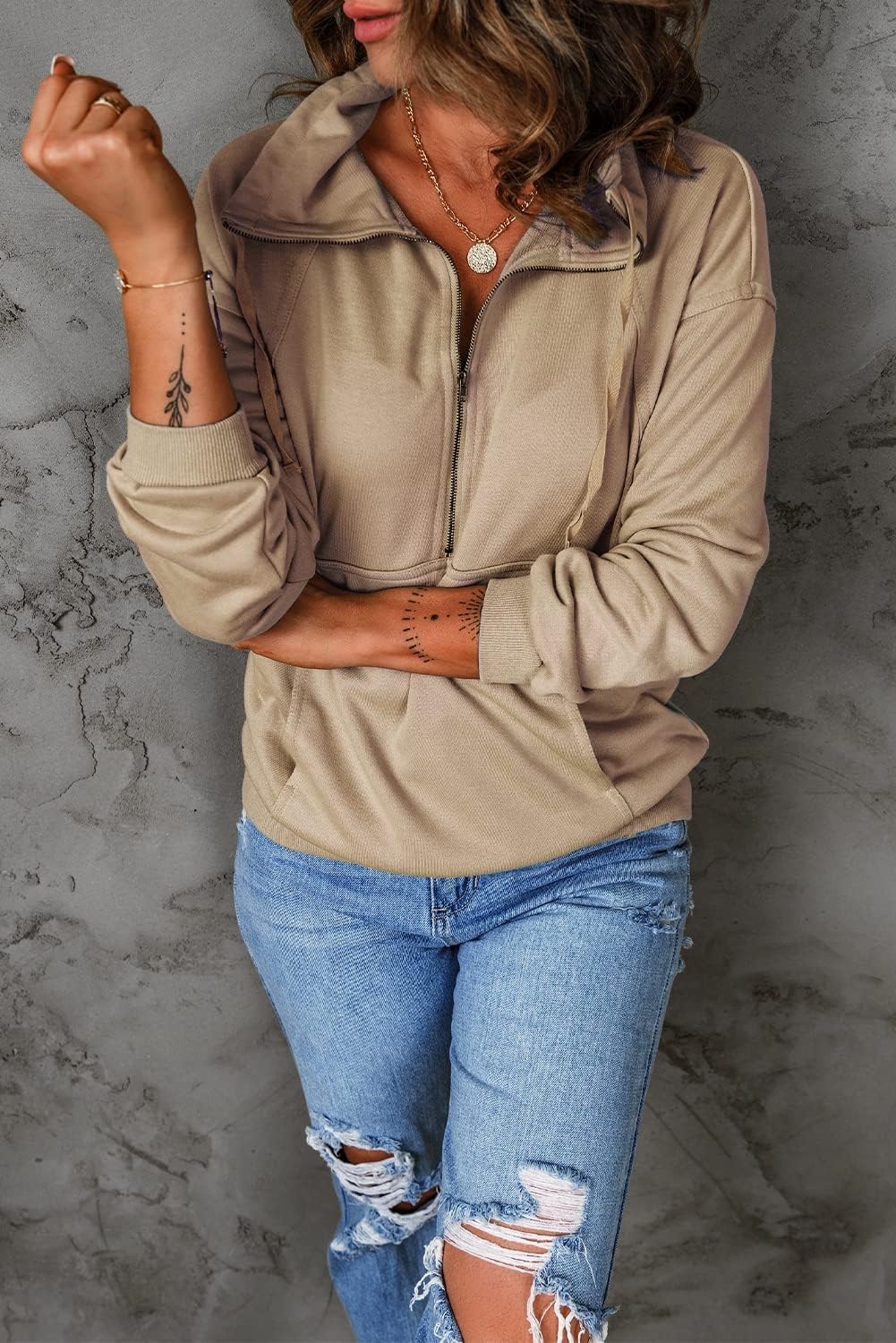image:imagePRETTYGARDEN Womens Casual Long Sleeve Lapel Zipper Sweatshirt Drawstring Loose Pullover TopsKhaki
