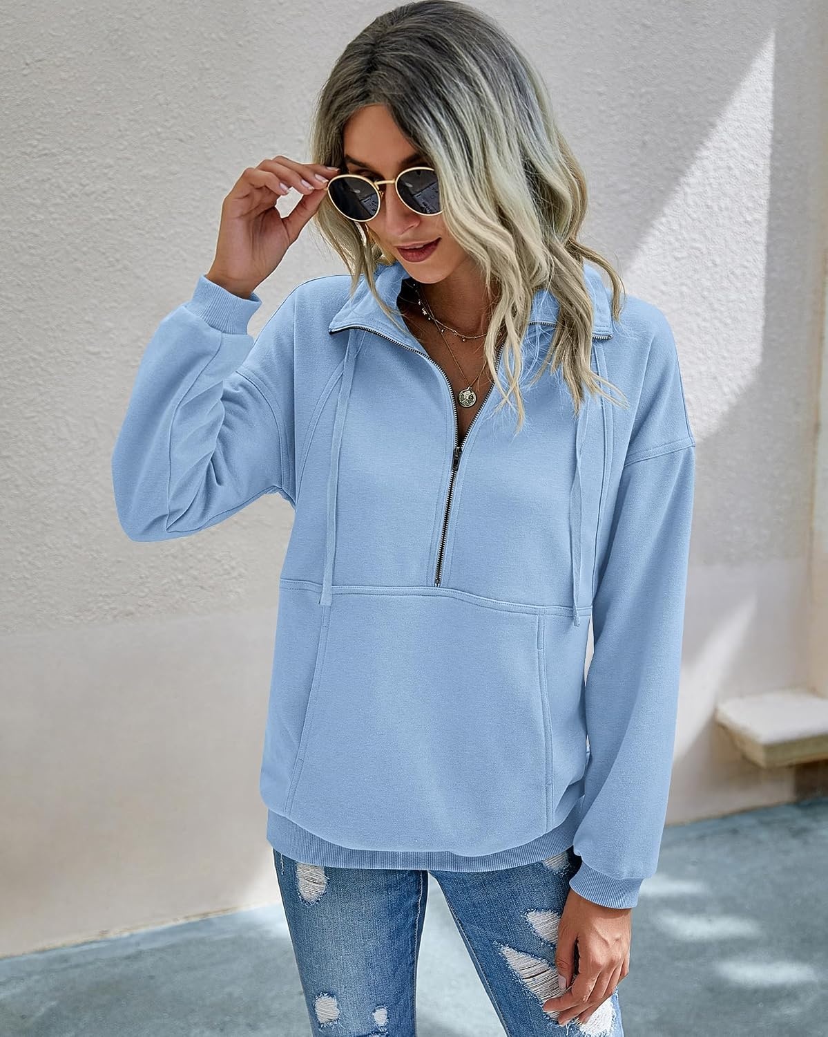 image:imagePRETTYGARDEN Womens Casual Long Sleeve Lapel Zipper Sweatshirt Drawstring Loose Pullover TopsLight Blue