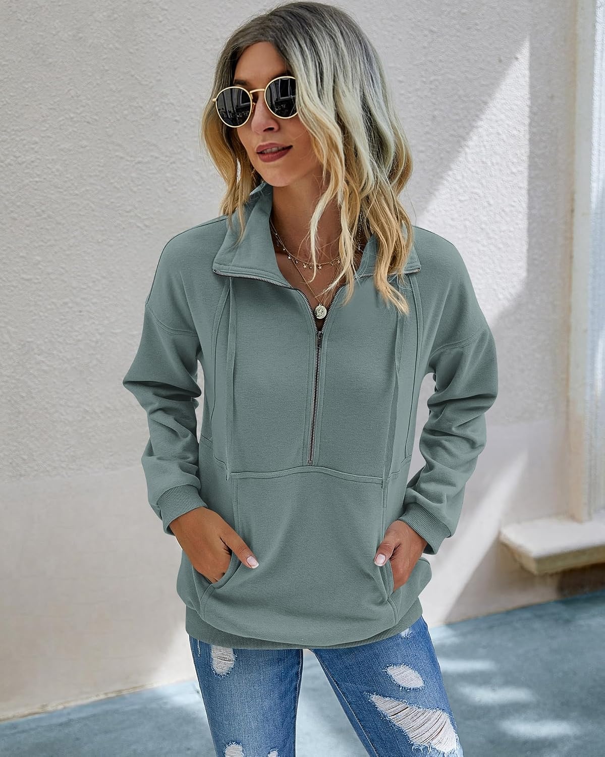 image:imagePRETTYGARDEN Womens Casual Long Sleeve Lapel Zipper Sweatshirt Drawstring Loose Pullover TopsLight Green