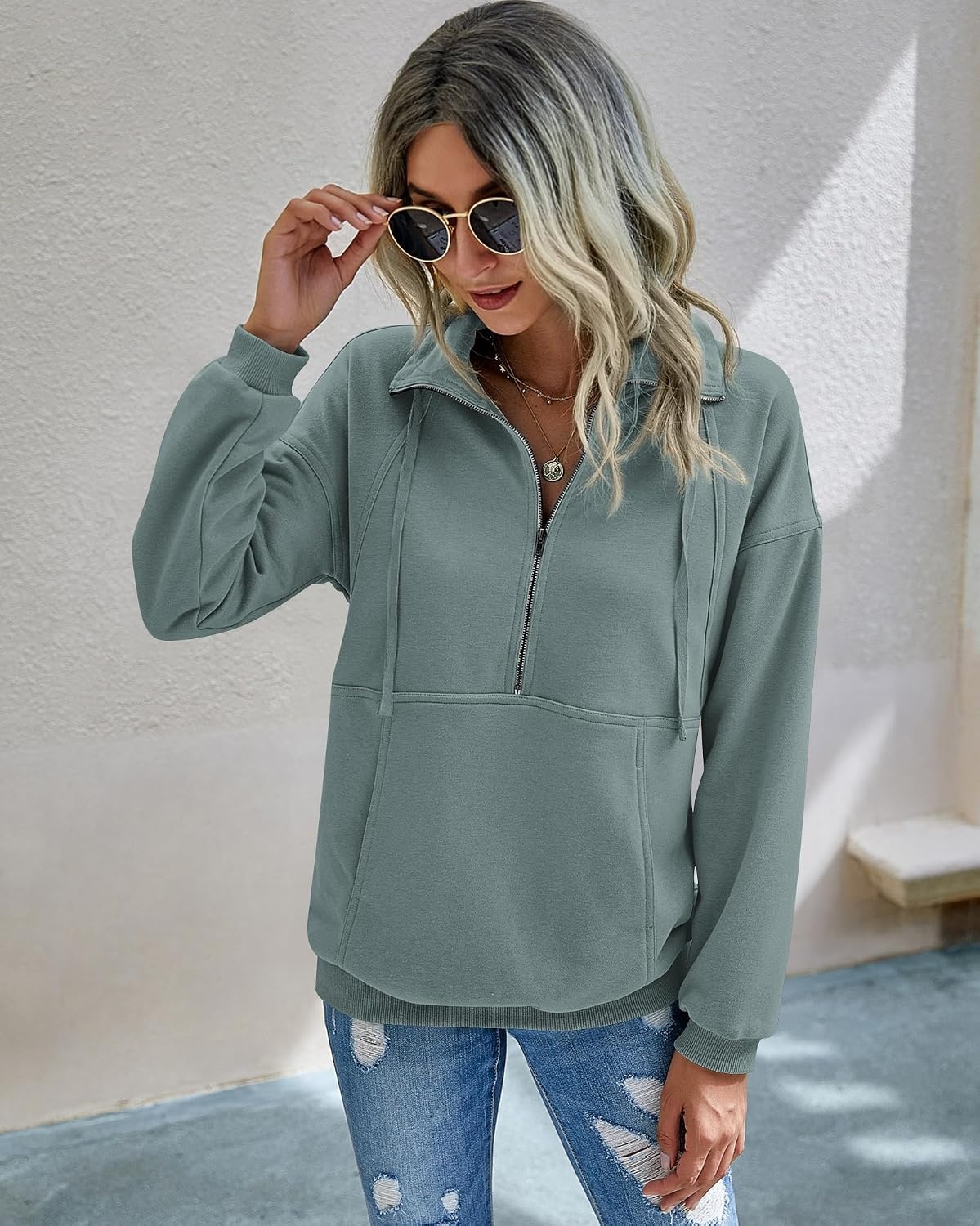 image:imagePRETTYGARDEN Womens Casual Long Sleeve Lapel Zipper Sweatshirt Drawstring Loose Pullover TopsLight Green