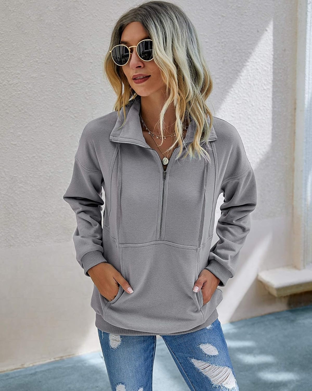 image:imagePRETTYGARDEN Womens Casual Long Sleeve Lapel Zipper Sweatshirt Drawstring Loose Pullover TopsLight Grey