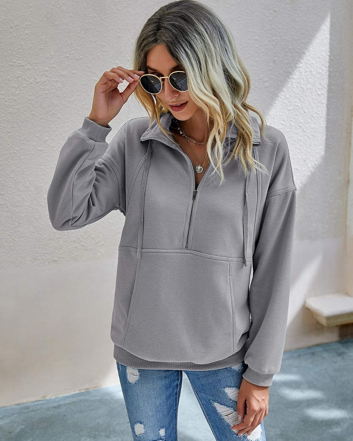 image:imagePRETTYGARDEN Womens Casual Long Sleeve Lapel Zipper Sweatshirt Drawstring Loose Pullover TopsLight Grey
