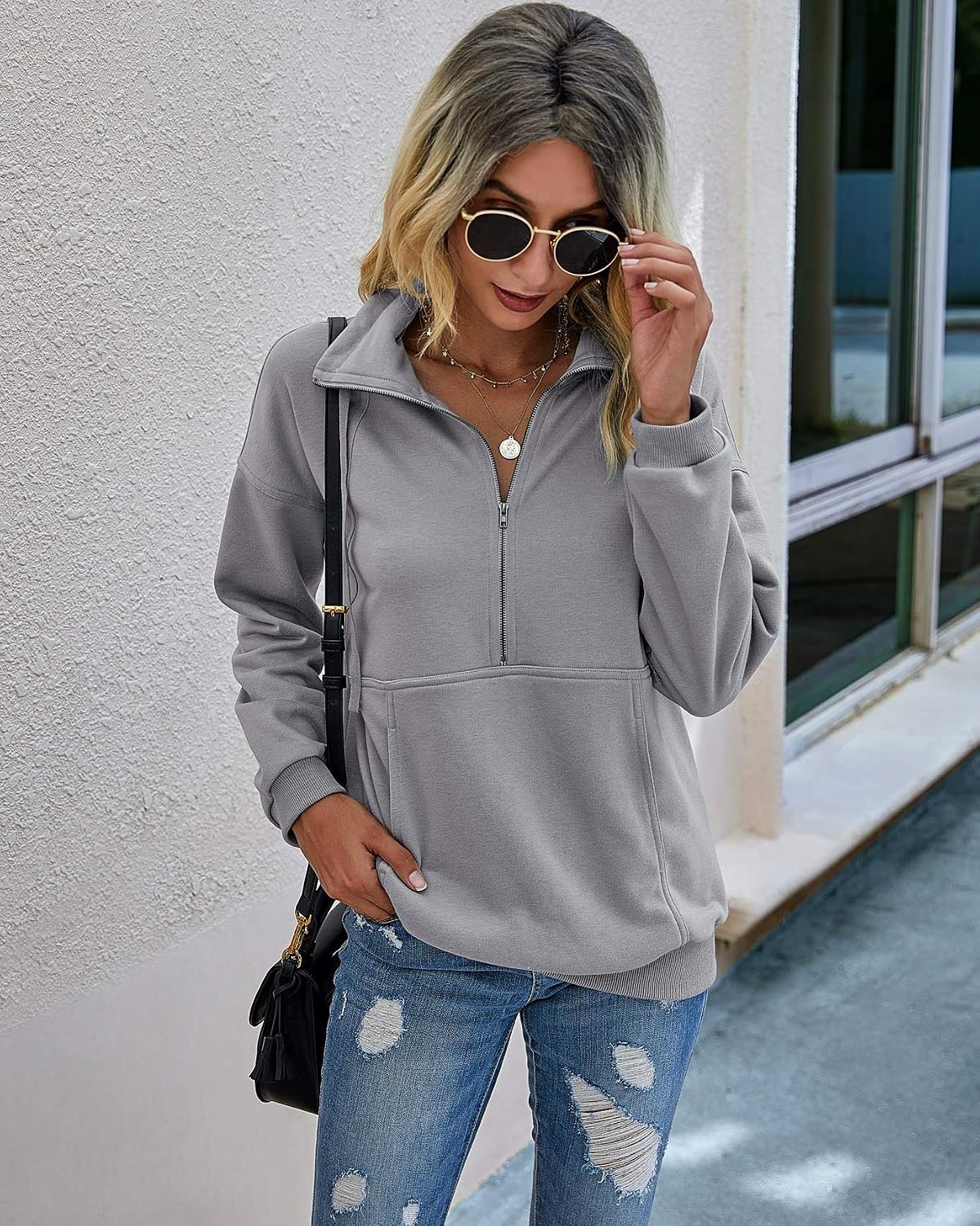 image:imagePRETTYGARDEN Womens Casual Long Sleeve Lapel Zipper Sweatshirt Drawstring Loose Pullover TopsLight Grey