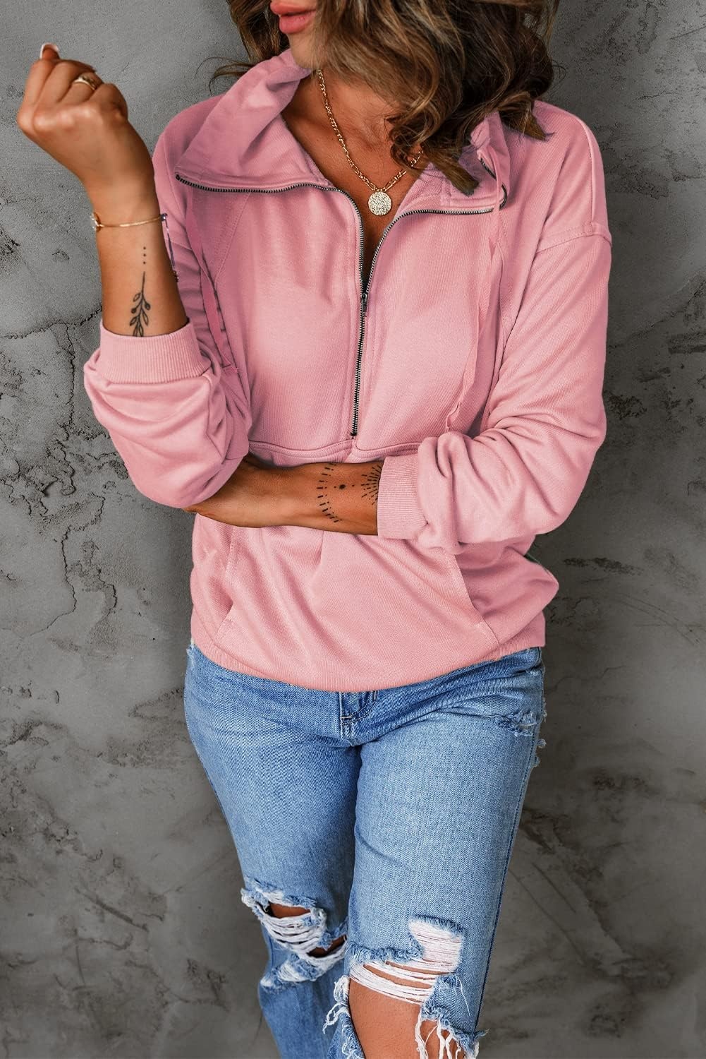 image:imagePRETTYGARDEN Womens Casual Long Sleeve Lapel Zipper Sweatshirt Drawstring Loose Pullover TopsLight Pink