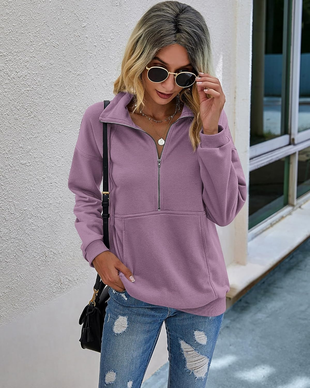 image:imagePRETTYGARDEN Womens Casual Long Sleeve Lapel Zipper Sweatshirt Drawstring Loose Pullover TopsLight Purple