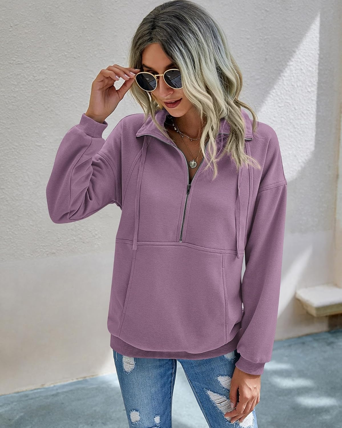 image:imagePRETTYGARDEN Womens Casual Long Sleeve Lapel Zipper Sweatshirt Drawstring Loose Pullover TopsLight Purple