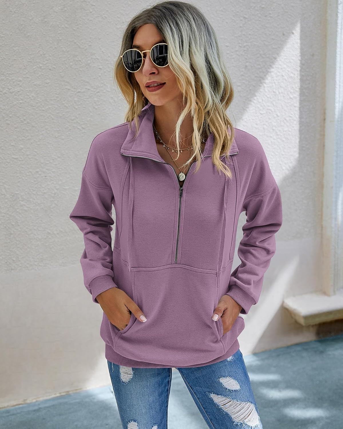 image:imagePRETTYGARDEN Womens Casual Long Sleeve Lapel Zipper Sweatshirt Drawstring Loose Pullover TopsLight Purple