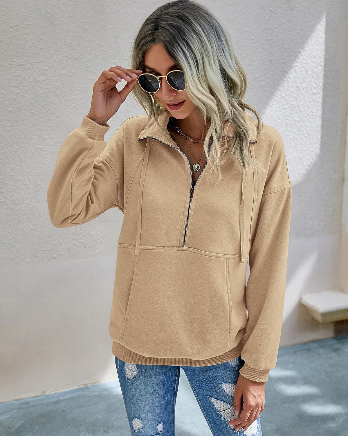 image:imagePRETTYGARDEN Womens Casual Long Sleeve Lapel Zipper Sweatshirt Drawstring Loose Pullover TopsLight Yellow