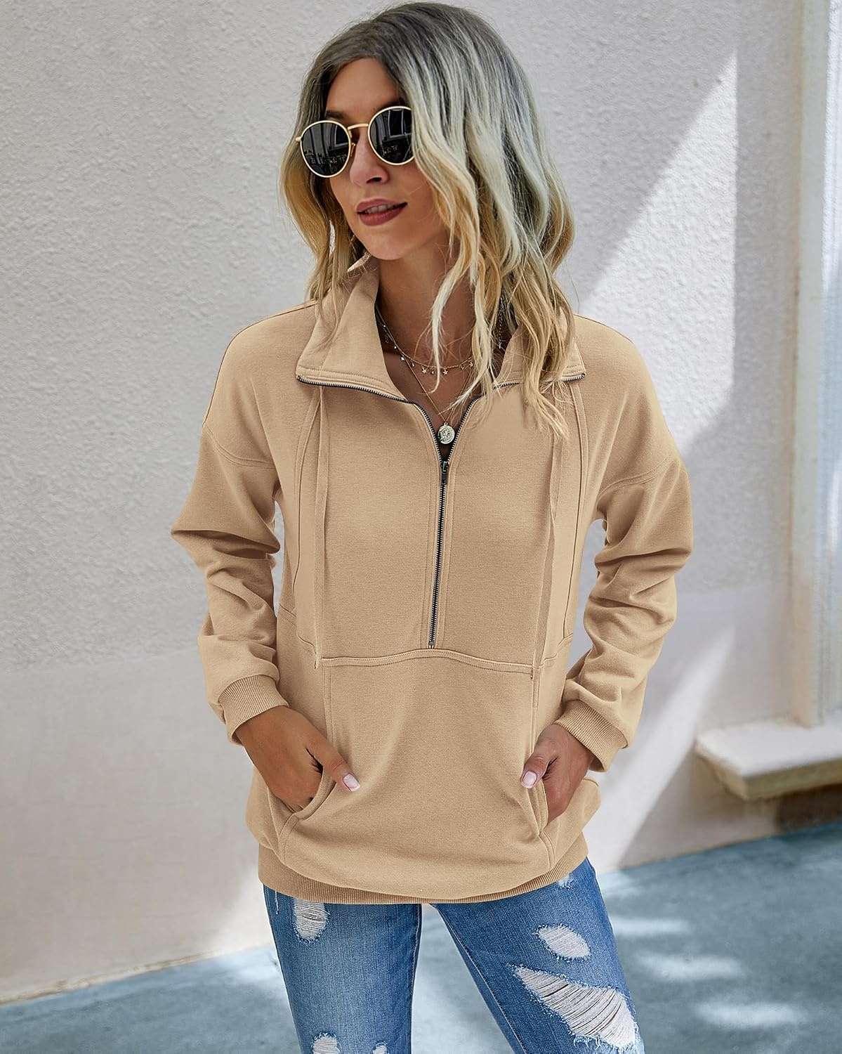 image:imagePRETTYGARDEN Womens Casual Long Sleeve Lapel Zipper Sweatshirt Drawstring Loose Pullover TopsLight Yellow