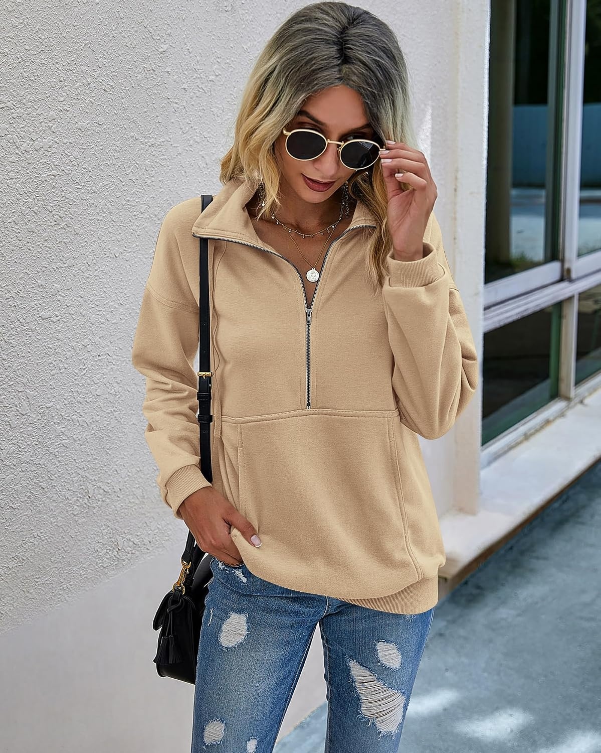 image:imagePRETTYGARDEN Womens Casual Long Sleeve Lapel Zipper Sweatshirt Drawstring Loose Pullover TopsLight Yellow