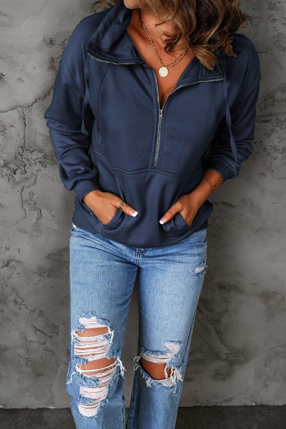 image:imagePRETTYGARDEN Womens Casual Long Sleeve Lapel Zipper Sweatshirt Drawstring Loose Pullover TopsNavy