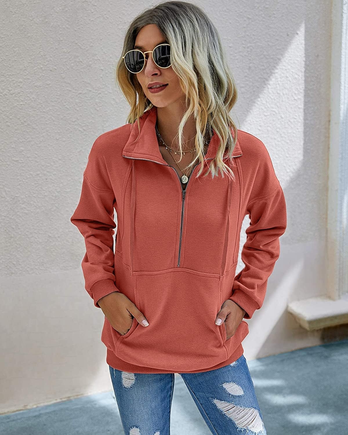 image:imagePRETTYGARDEN Womens Casual Long Sleeve Lapel Zipper Sweatshirt Drawstring Loose Pullover TopsOrange