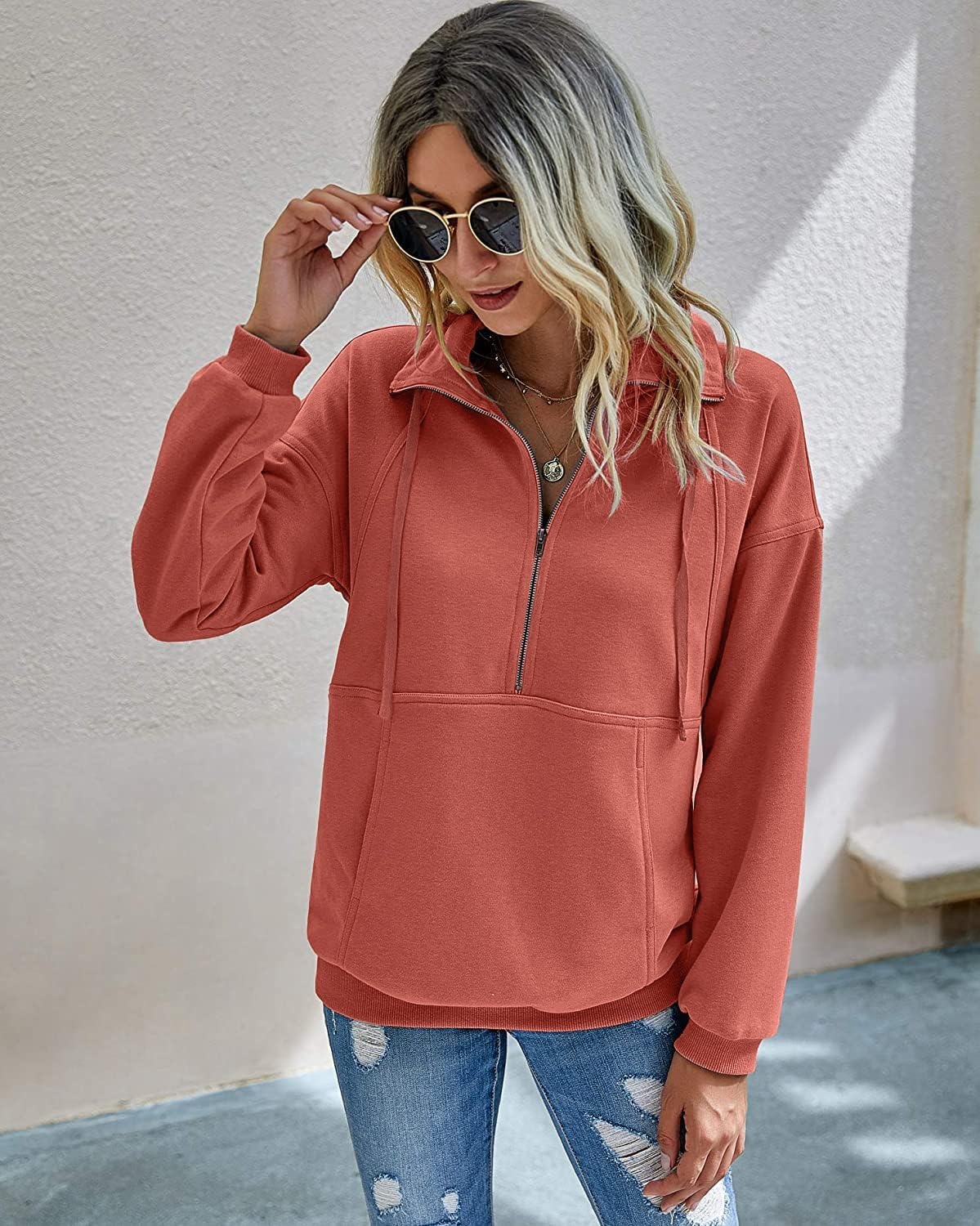 image:imagePRETTYGARDEN Womens Casual Long Sleeve Lapel Zipper Sweatshirt Drawstring Loose Pullover TopsOrange