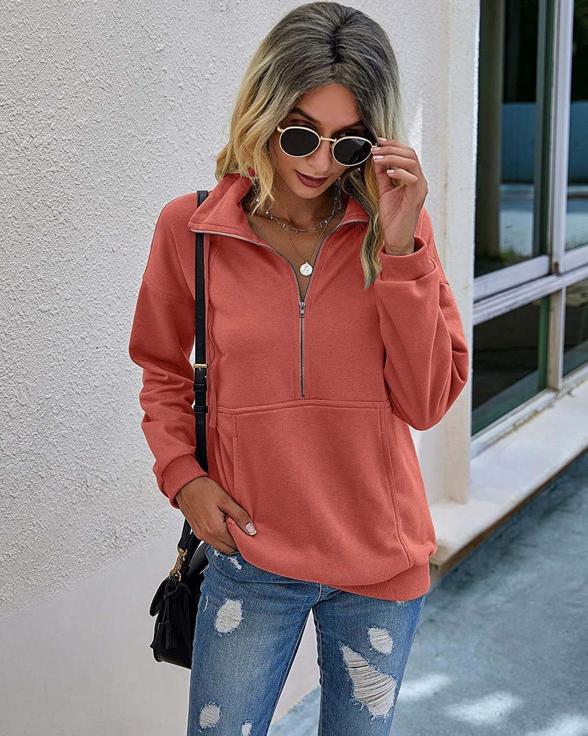 image:imagePRETTYGARDEN Womens Casual Long Sleeve Lapel Zipper Sweatshirt Drawstring Loose Pullover TopsOrange