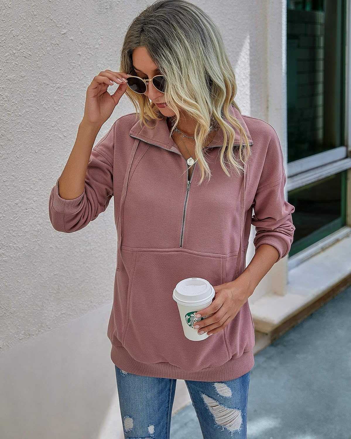 image:imagePRETTYGARDEN Womens Casual Long Sleeve Lapel Zipper Sweatshirt Drawstring Loose Pullover TopsPink