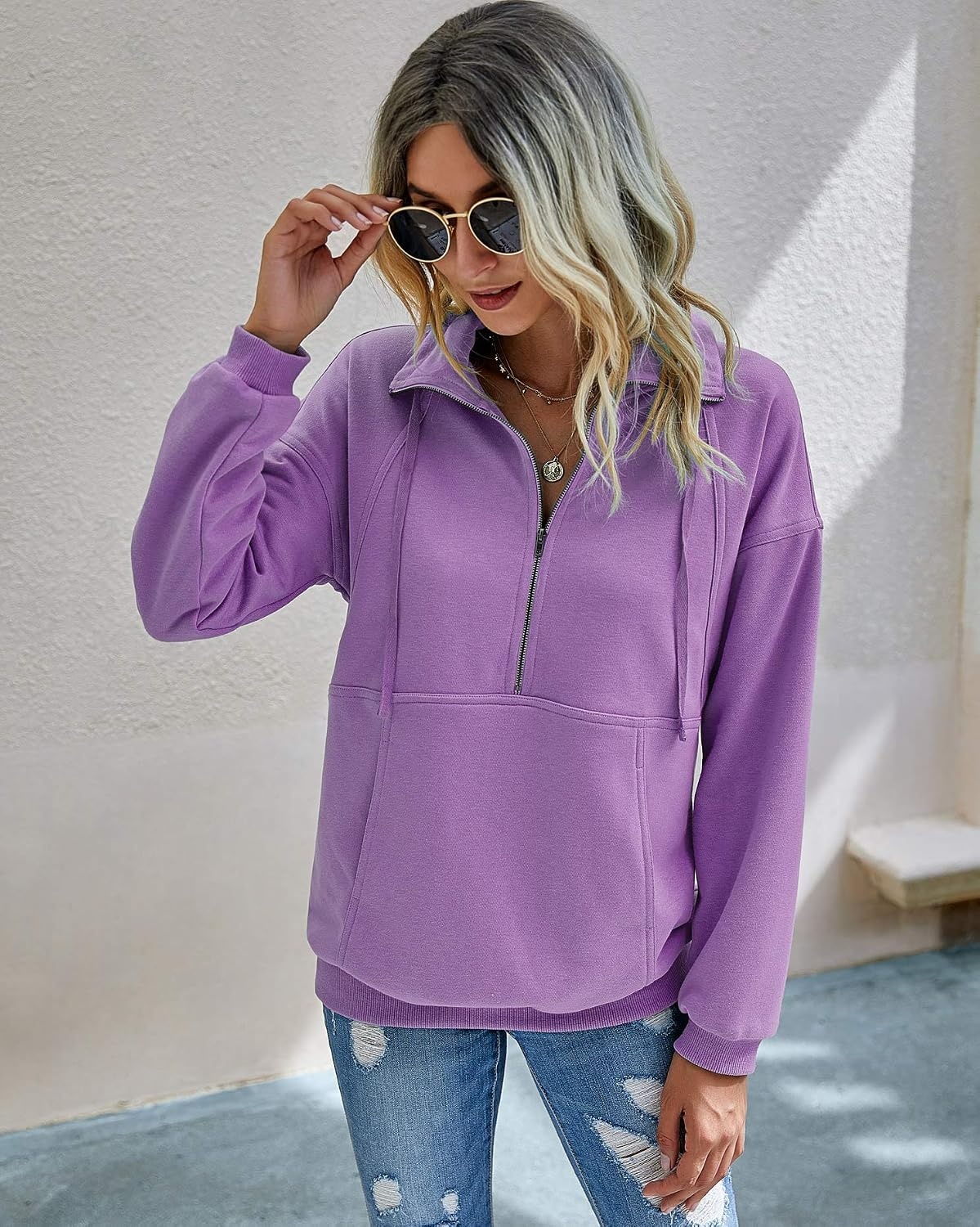 image:imagePRETTYGARDEN Womens Casual Long Sleeve Lapel Zipper Sweatshirt Drawstring Loose Pullover TopsPurple