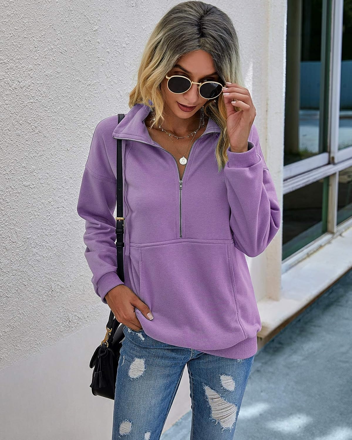 image:imagePRETTYGARDEN Womens Casual Long Sleeve Lapel Zipper Sweatshirt Drawstring Loose Pullover TopsPurple