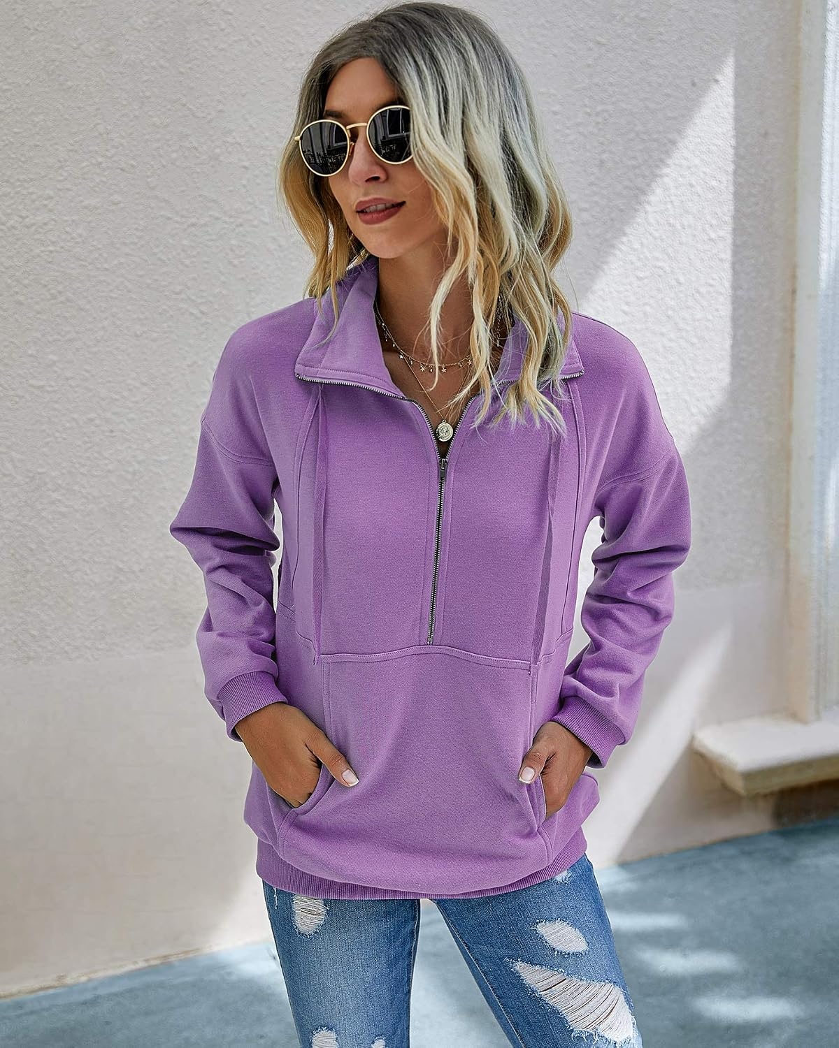image:imagePRETTYGARDEN Womens Casual Long Sleeve Lapel Zipper Sweatshirt Drawstring Loose Pullover TopsPurple