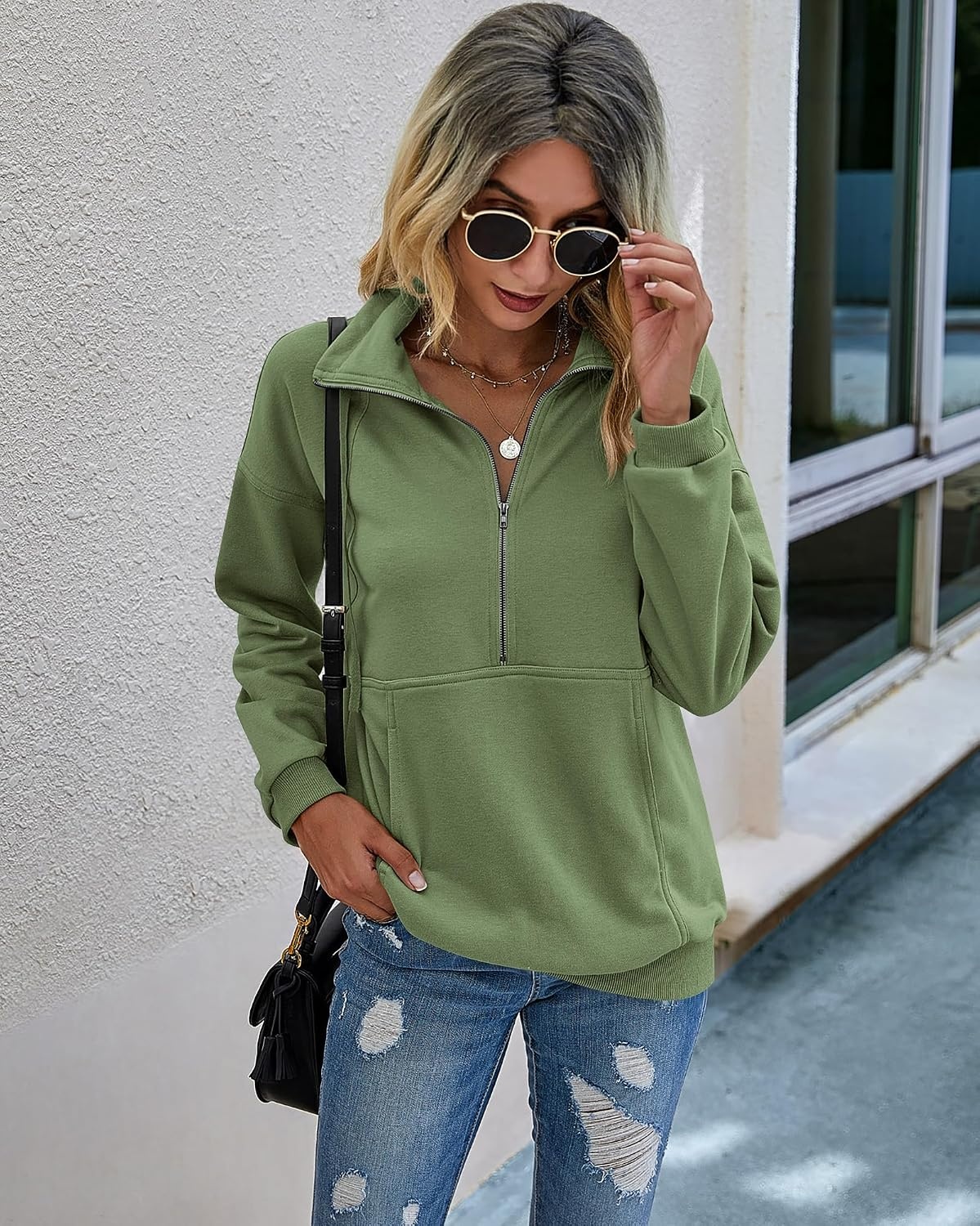 image:imagePRETTYGARDEN Womens Casual Long Sleeve Lapel Zipper Sweatshirt Drawstring Loose Pullover TopsSage Green