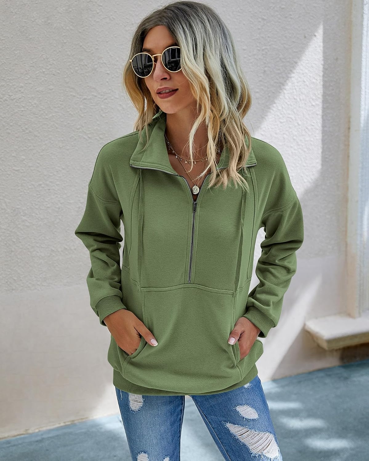 image:imagePRETTYGARDEN Womens Casual Long Sleeve Lapel Zipper Sweatshirt Drawstring Loose Pullover TopsSage Green