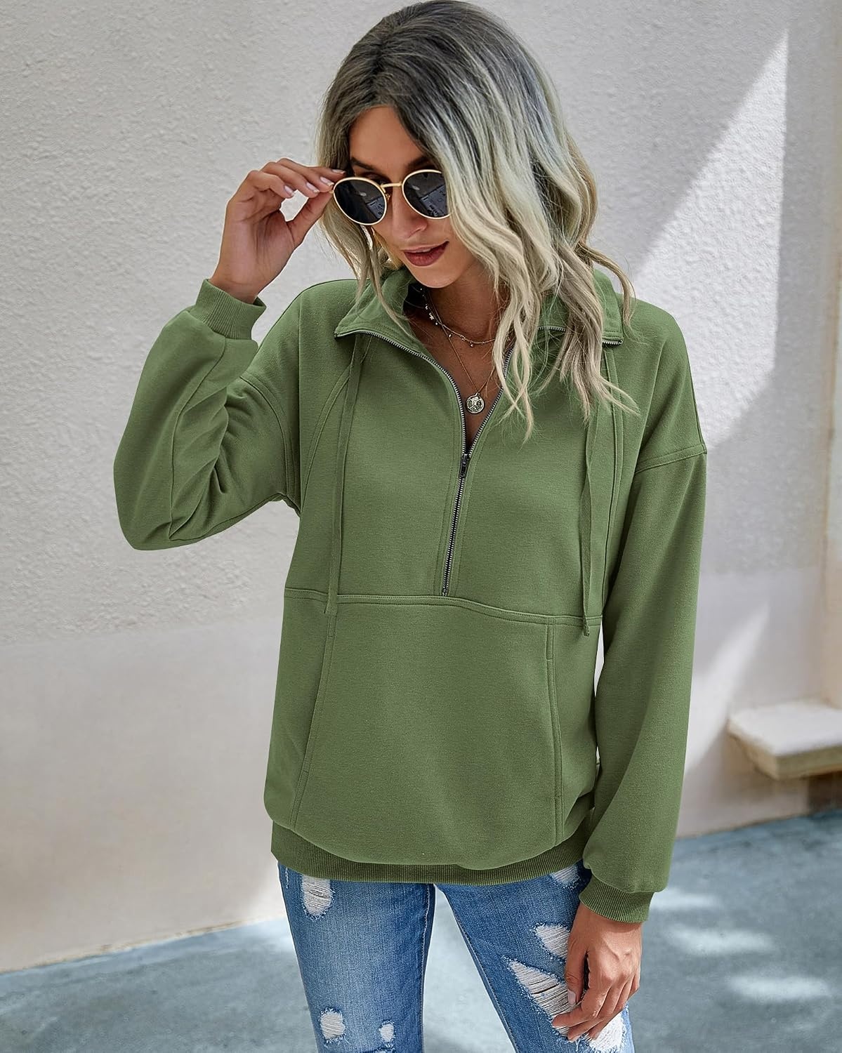 image:imagePRETTYGARDEN Womens Casual Long Sleeve Lapel Zipper Sweatshirt Drawstring Loose Pullover TopsSage Green