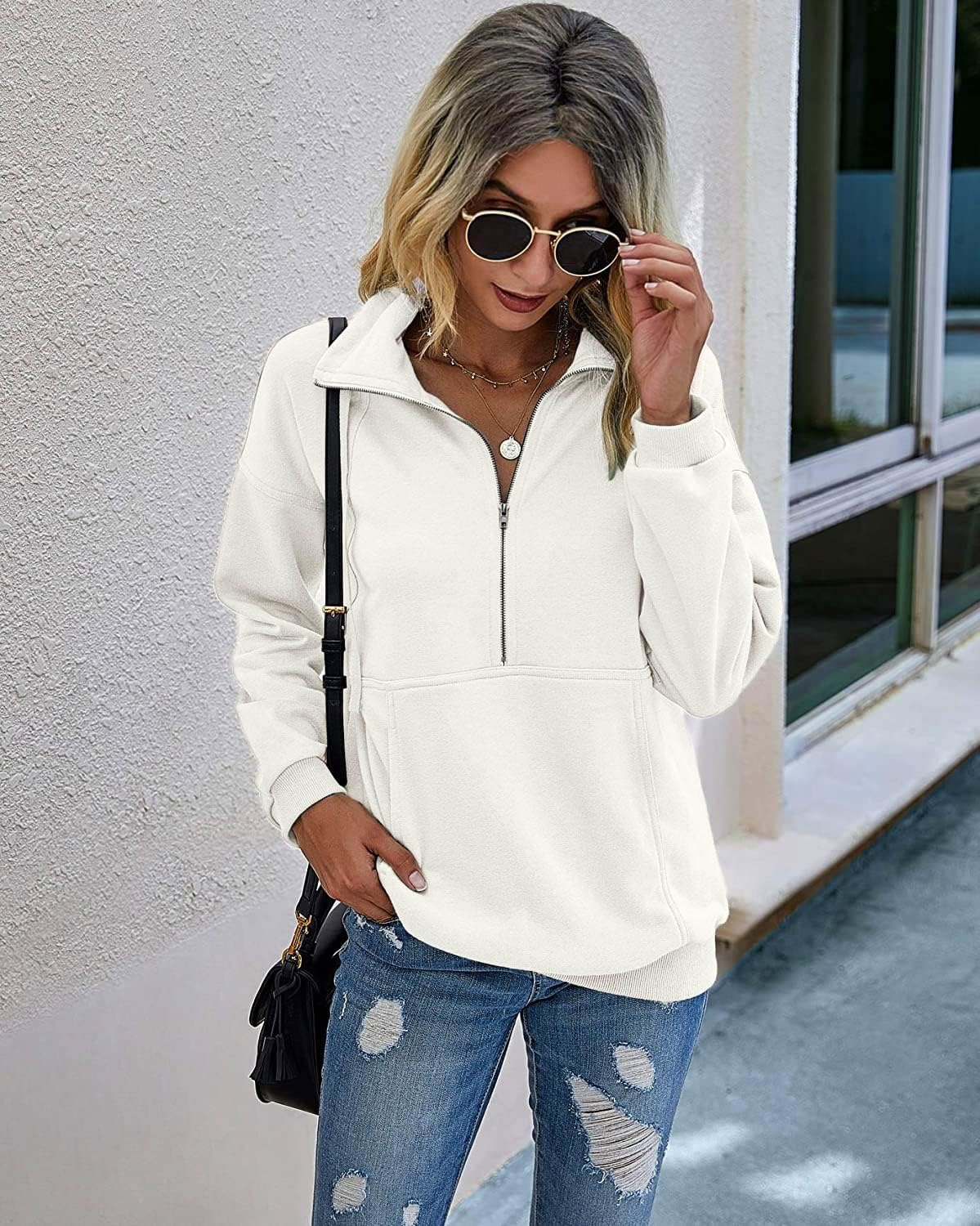 image:imagePRETTYGARDEN Womens Casual Long Sleeve Lapel Zipper Sweatshirt Drawstring Loose Pullover TopsWhite