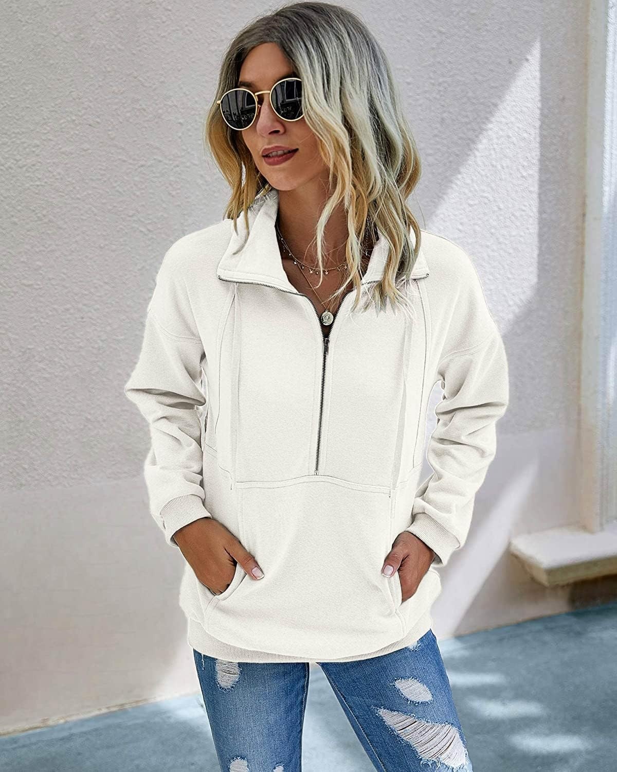 image:imagePRETTYGARDEN Womens Casual Long Sleeve Lapel Zipper Sweatshirt Drawstring Loose Pullover TopsWhite