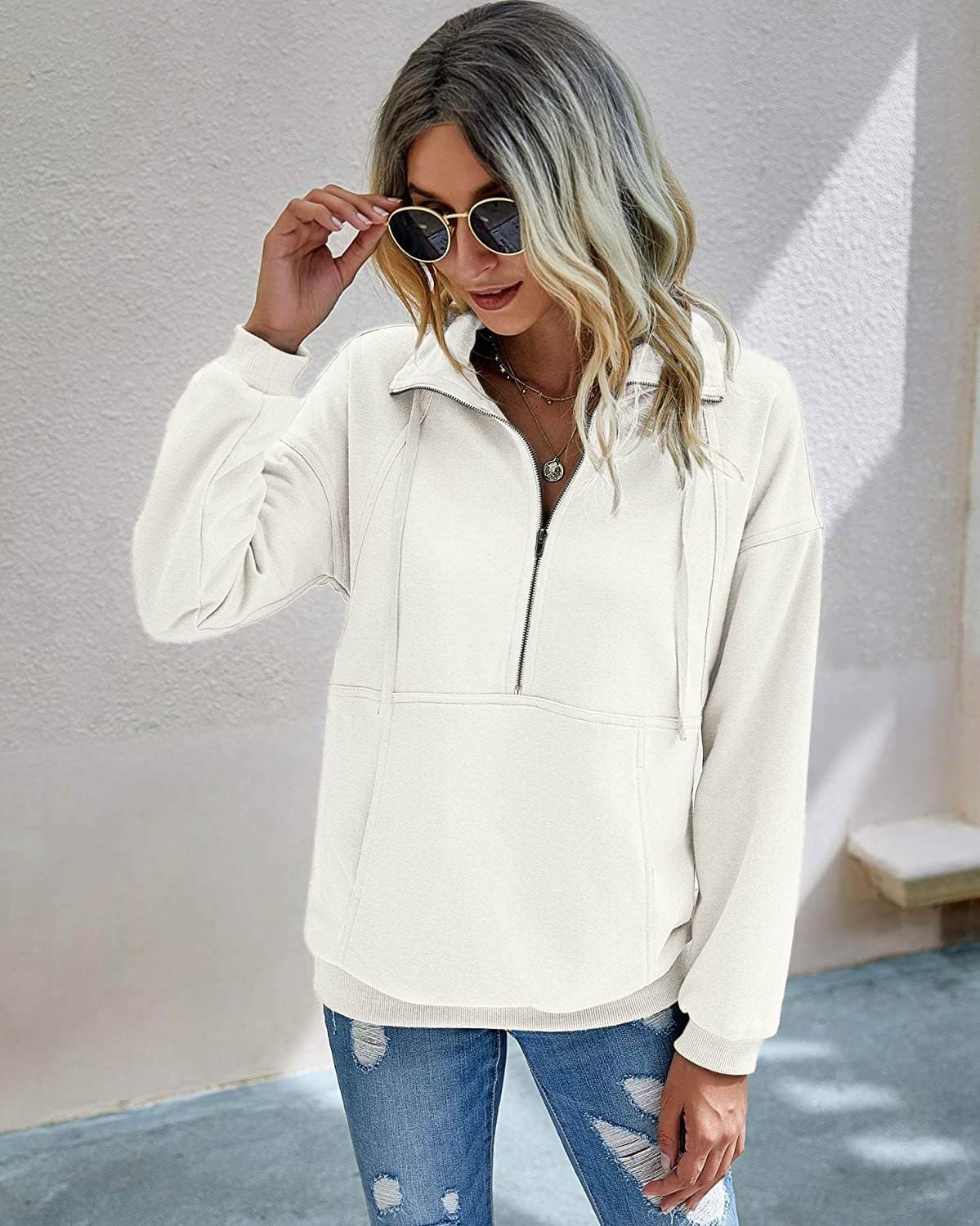 image:imagePRETTYGARDEN Womens Casual Long Sleeve Lapel Zipper Sweatshirt Drawstring Loose Pullover TopsWhite