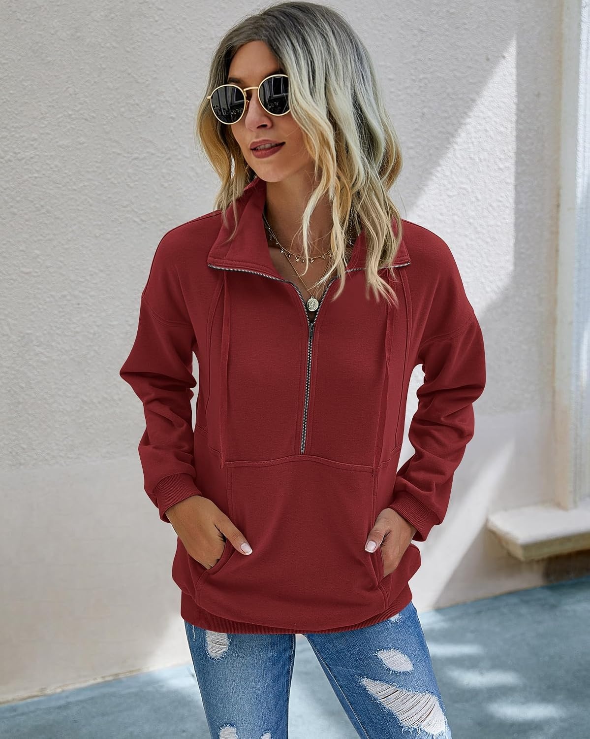 image:imagePRETTYGARDEN Womens Casual Long Sleeve Lapel Zipper Sweatshirt Drawstring Loose Pullover TopsWine Red