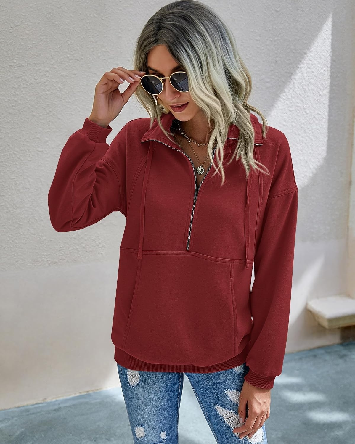 image:imagePRETTYGARDEN Womens Casual Long Sleeve Lapel Zipper Sweatshirt Drawstring Loose Pullover TopsWine Red