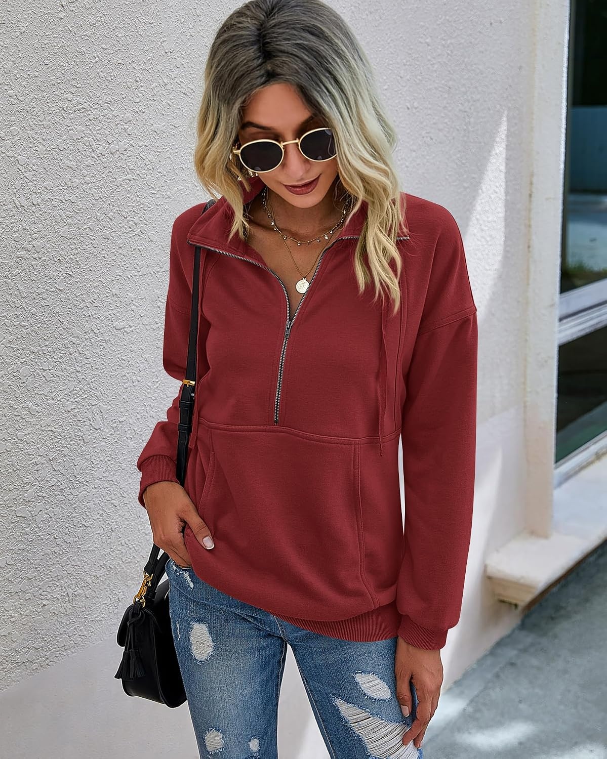 image:imagePRETTYGARDEN Womens Casual Long Sleeve Lapel Zipper Sweatshirt Drawstring Loose Pullover TopsWine Red