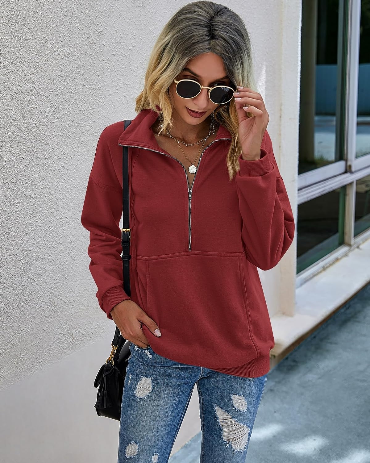 image:imagePRETTYGARDEN Womens Casual Long Sleeve Lapel Zipper Sweatshirt Drawstring Loose Pullover TopsWine Red