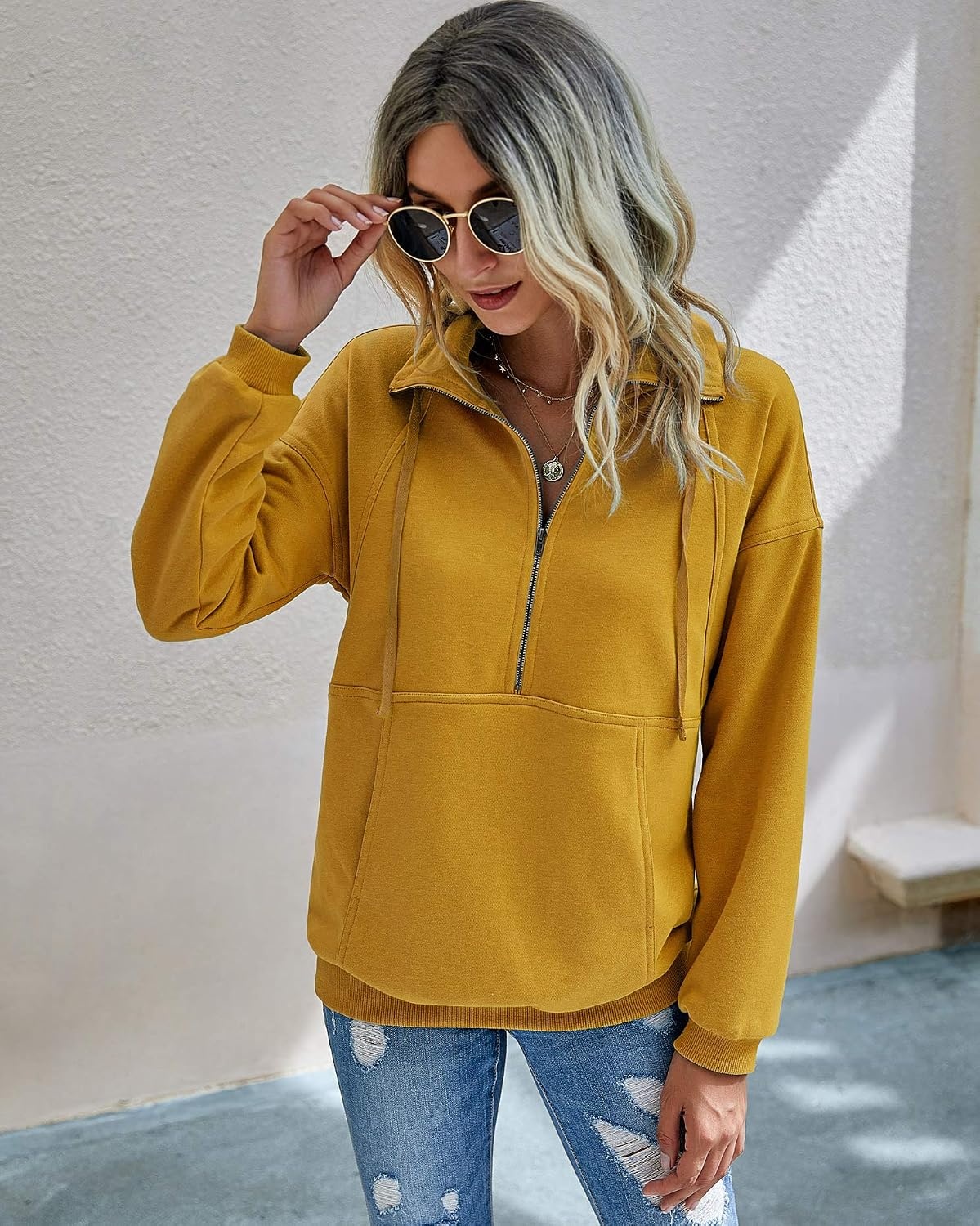 image:imagePRETTYGARDEN Womens Casual Long Sleeve Lapel Zipper Sweatshirt Drawstring Loose Pullover TopsYellow