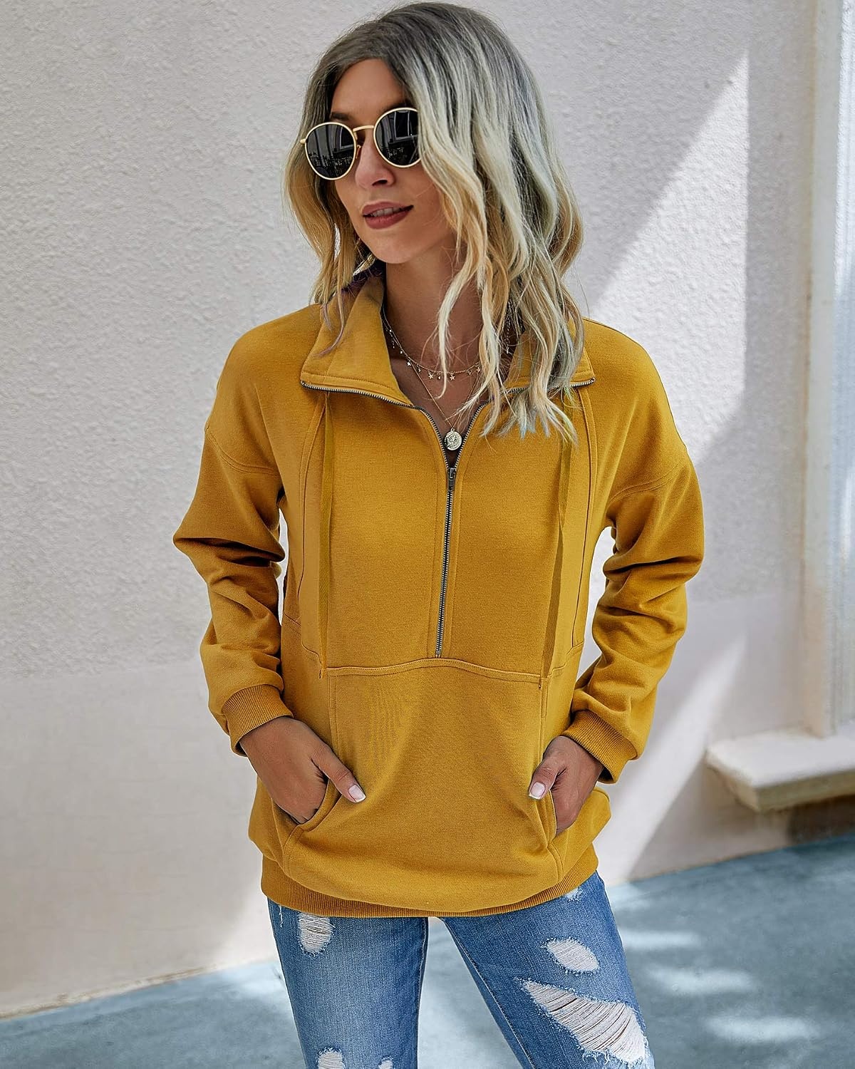 image:imagePRETTYGARDEN Womens Casual Long Sleeve Lapel Zipper Sweatshirt Drawstring Loose Pullover TopsYellow