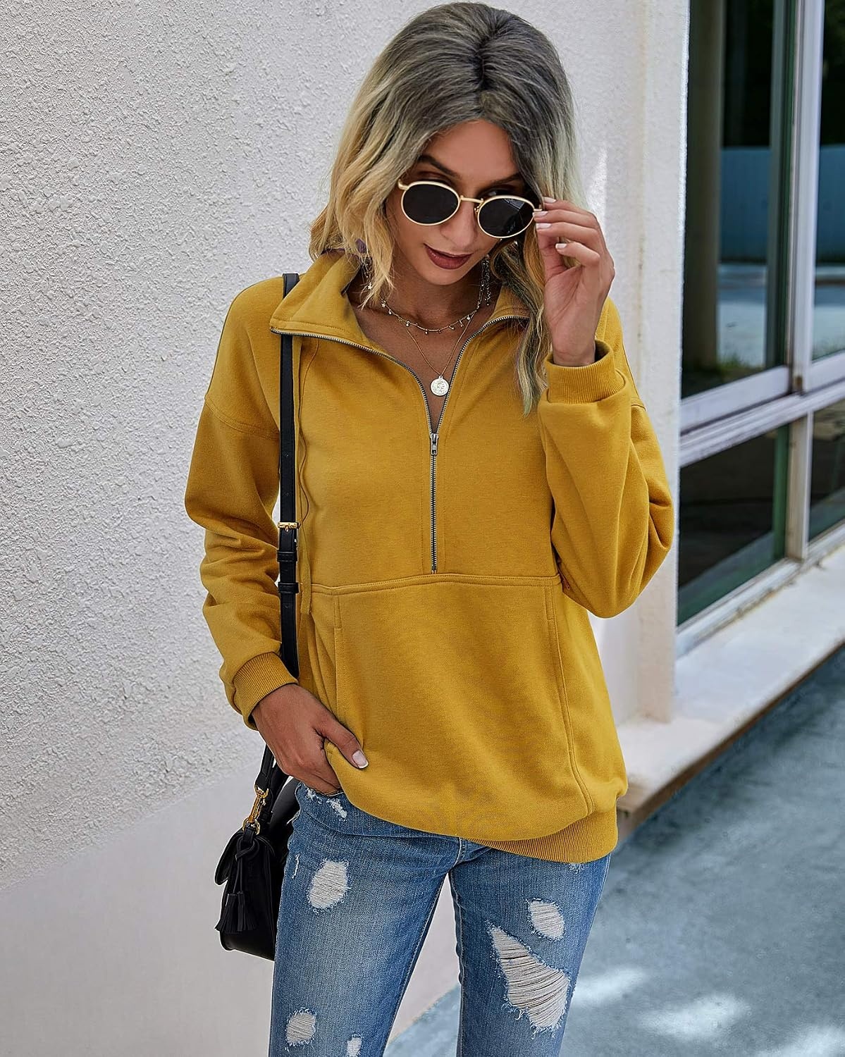image:imagePRETTYGARDEN Womens Casual Long Sleeve Lapel Zipper Sweatshirt Drawstring Loose Pullover TopsYellow