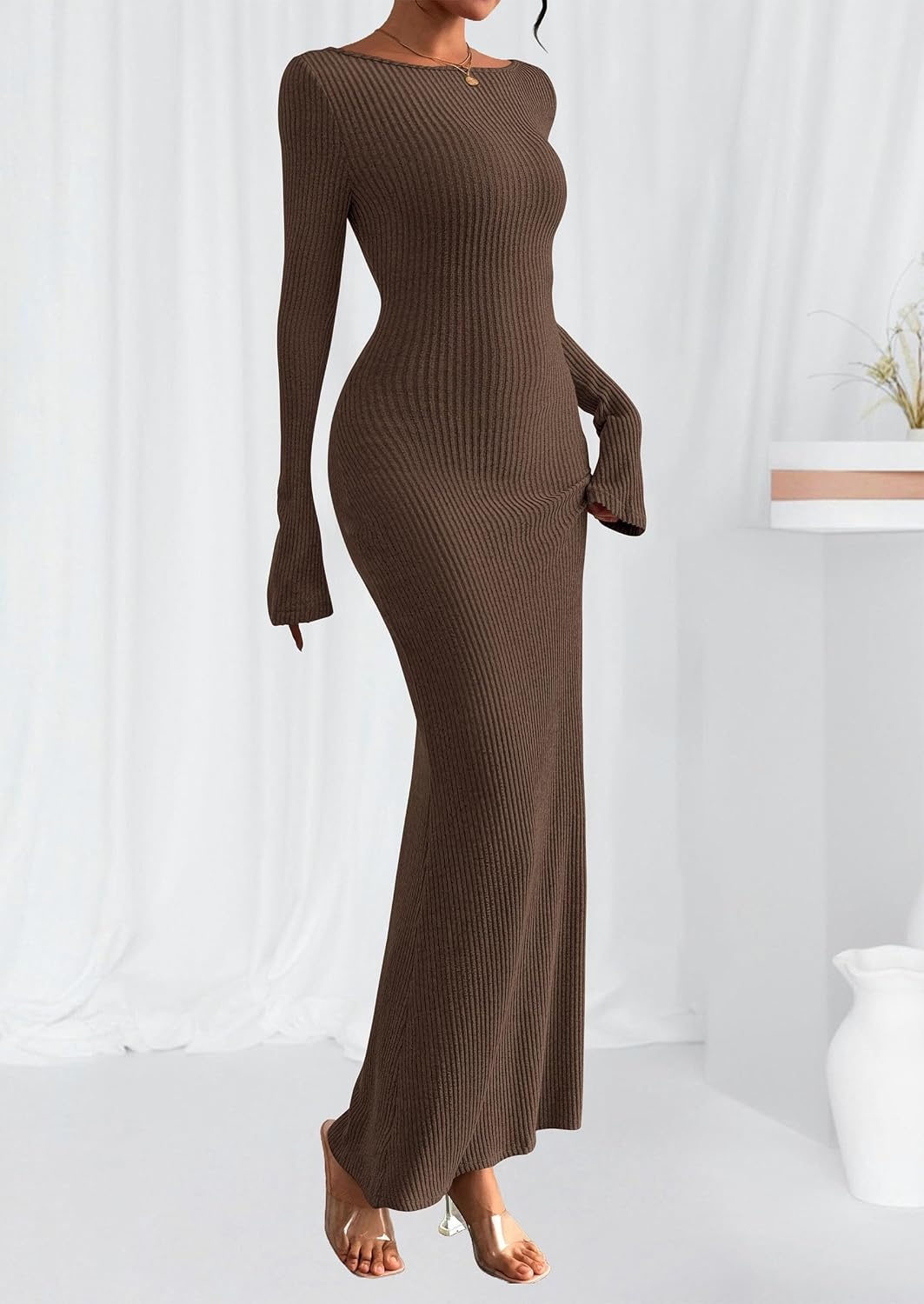 image:imagePRETTYGARDEN Womens Fall Fashion 2026 Long Sleeve Maxi Dress Ribbed Knit Boat Neck Bodycon Casual Dresses Going Out OutfitsDark Brown