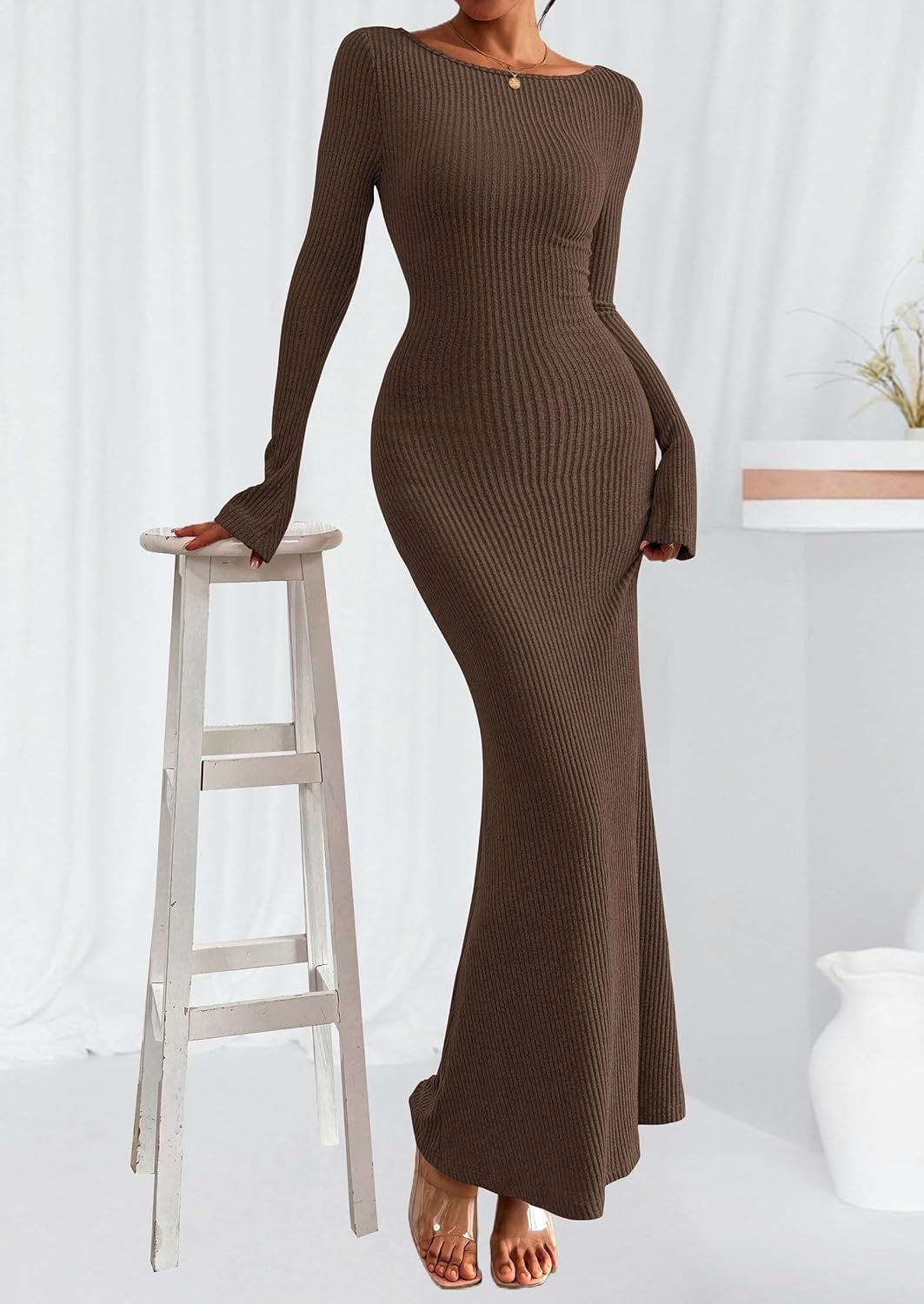 image:imagePRETTYGARDEN Womens Fall Fashion 2026 Long Sleeve Maxi Dress Ribbed Knit Boat Neck Bodycon Casual Dresses Going Out OutfitsDark Brown