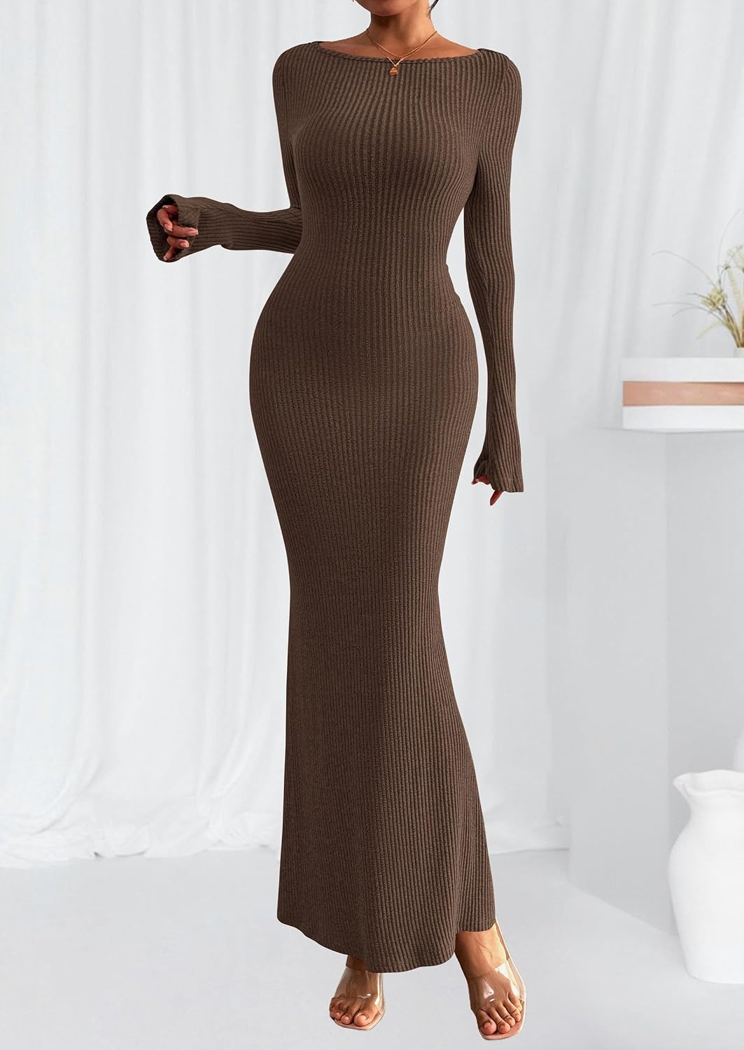 image:imagePRETTYGARDEN Womens Fall Fashion 2026 Long Sleeve Maxi Dress Ribbed Knit Boat Neck Bodycon Casual Dresses Going Out OutfitsDark Brown