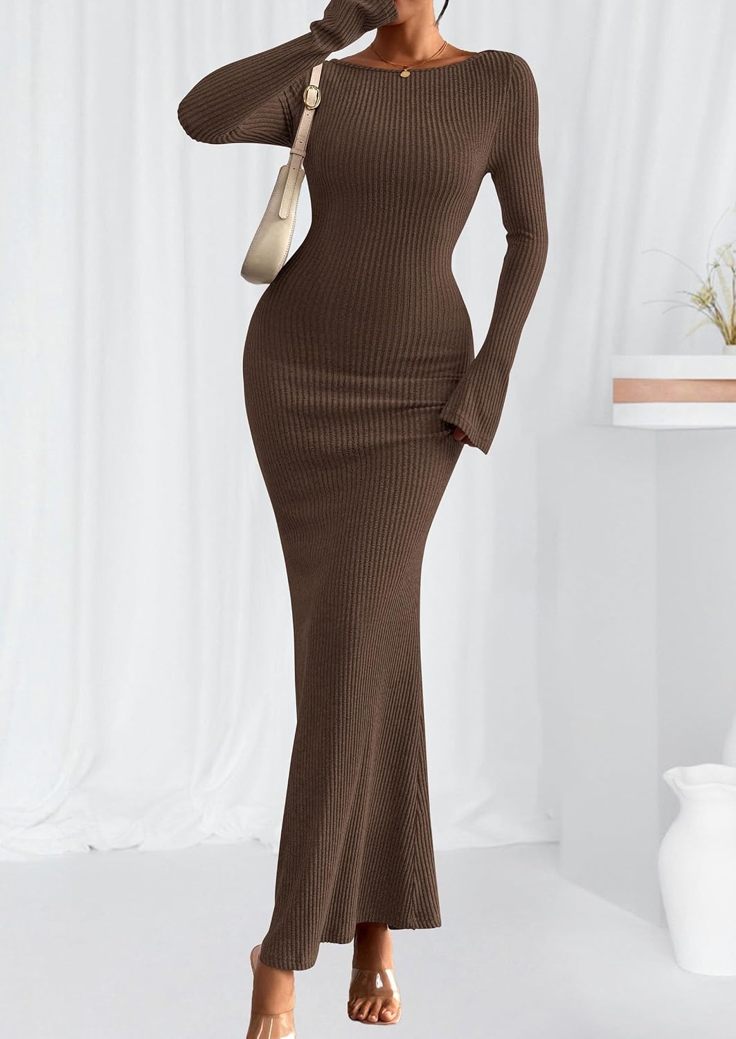 image:imagePRETTYGARDEN Womens Fall Fashion 2026 Long Sleeve Maxi Dress Ribbed Knit Boat Neck Bodycon Casual Dresses Going Out OutfitsDark Brown