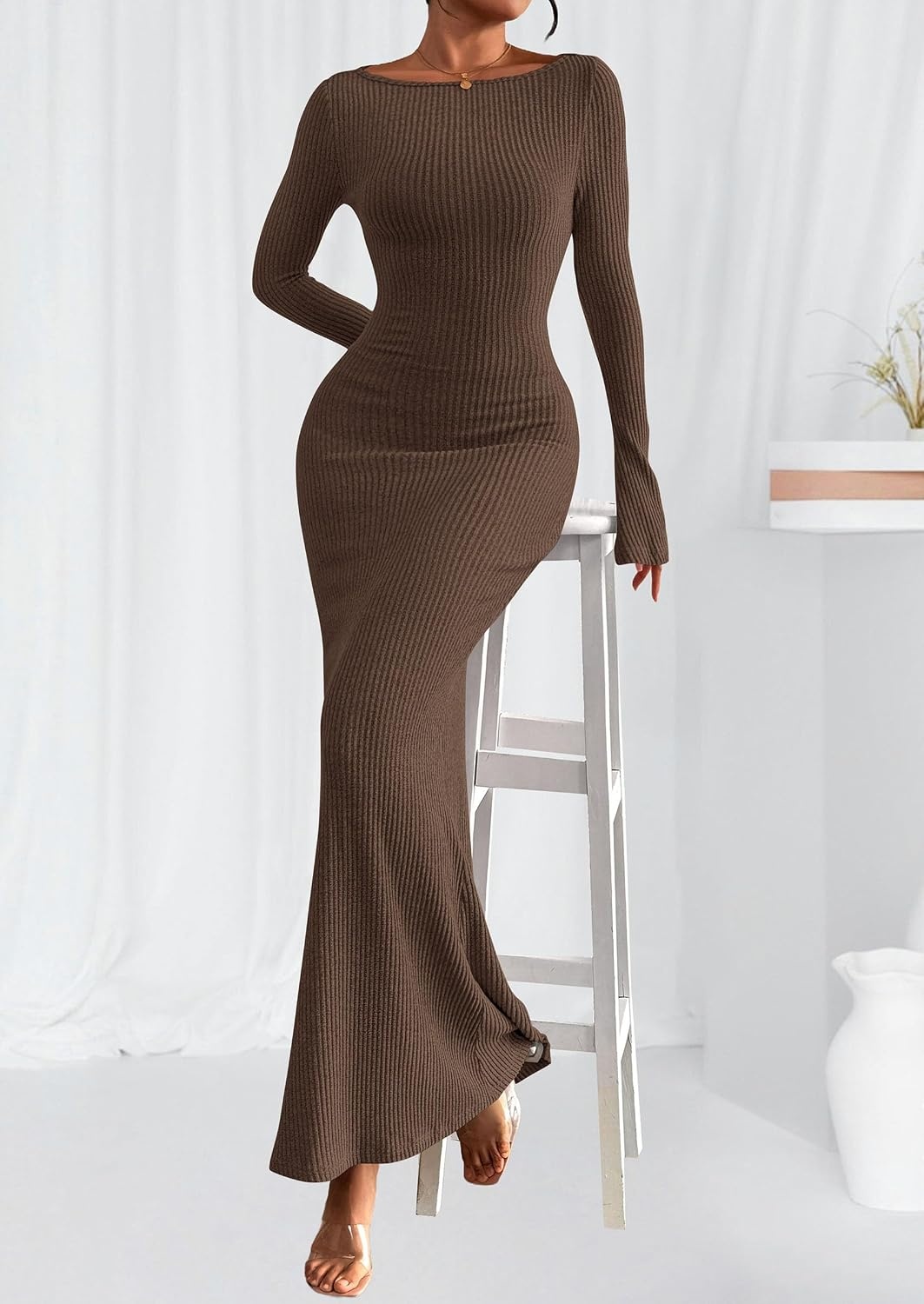 image:imagePRETTYGARDEN Womens Fall Fashion 2026 Long Sleeve Maxi Dress Ribbed Knit Boat Neck Bodycon Casual Dresses Going Out OutfitsDark Brown