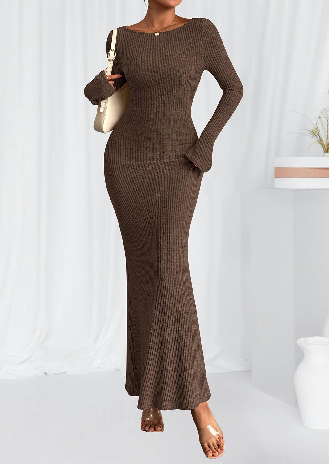 image:imagePRETTYGARDEN Womens Fall Fashion 2026 Long Sleeve Maxi Dress Ribbed Knit Boat Neck Bodycon Casual Dresses Going Out OutfitsDark Brown