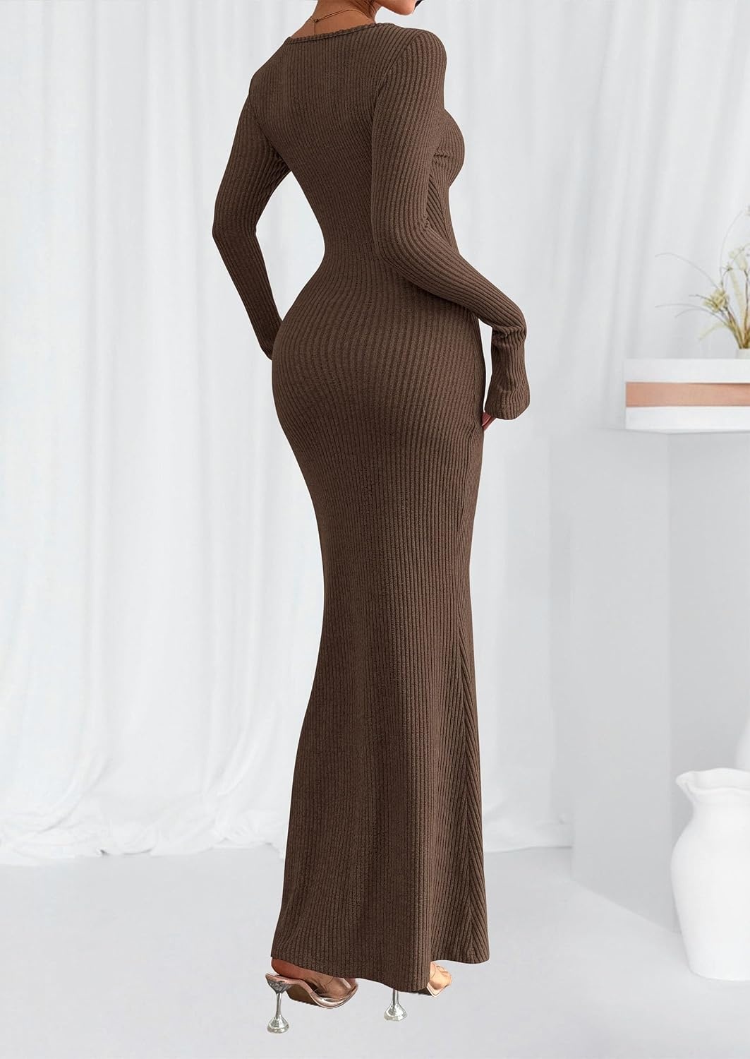 image:imagePRETTYGARDEN Womens Fall Fashion 2026 Long Sleeve Maxi Dress Ribbed Knit Boat Neck Bodycon Casual Dresses Going Out OutfitsDark Brown