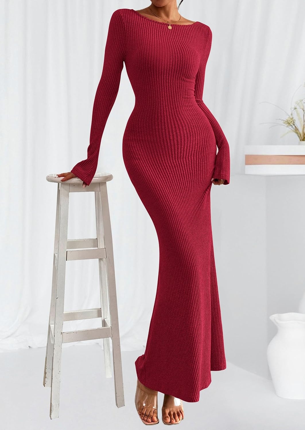 image:imagePRETTYGARDEN Womens Fall Fashion 2026 Long Sleeve Maxi Dress Ribbed Knit Boat Neck Bodycon Casual Dresses Going Out OutfitsRed