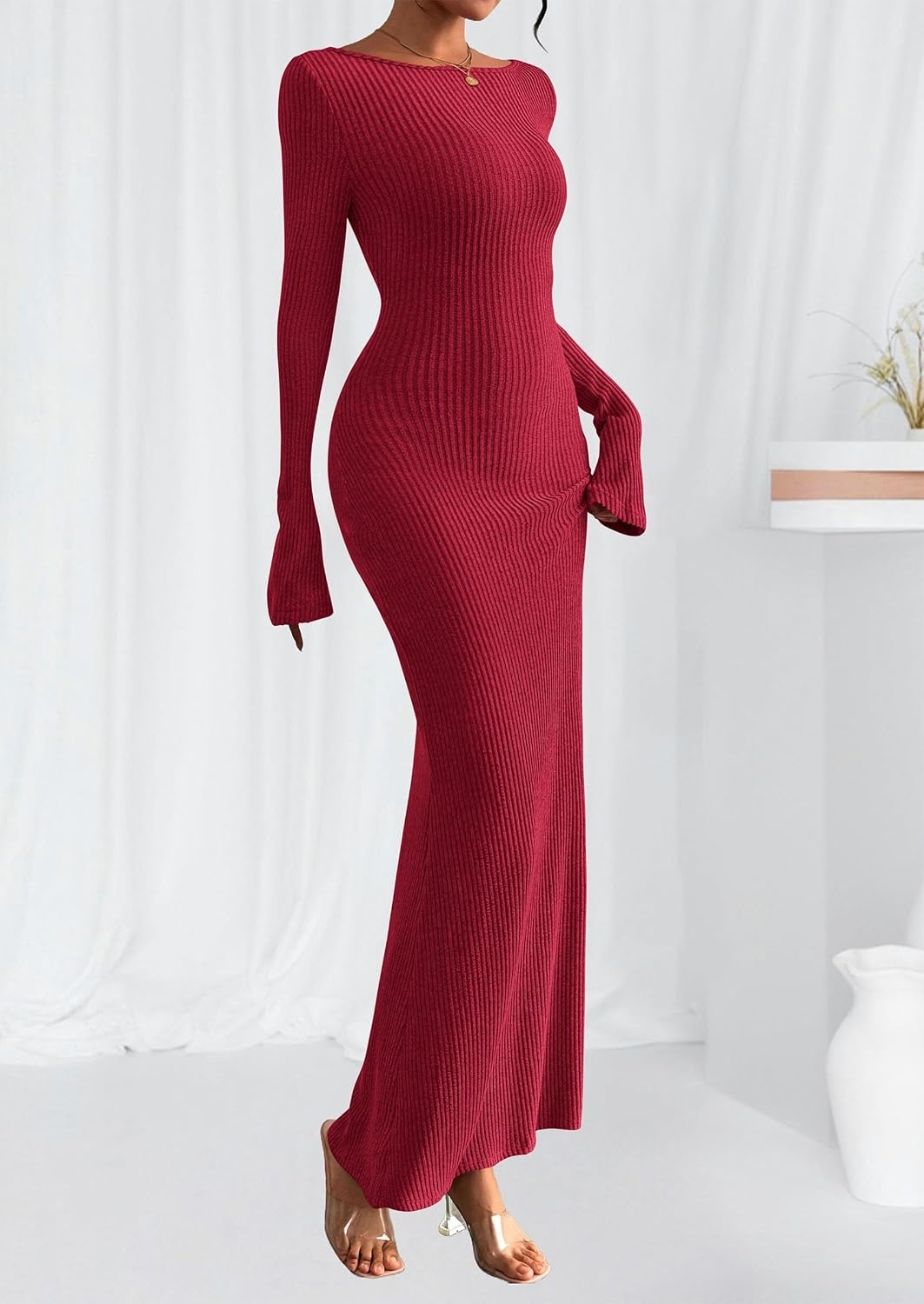 image:imagePRETTYGARDEN Womens Fall Fashion 2026 Long Sleeve Maxi Dress Ribbed Knit Boat Neck Bodycon Casual Dresses Going Out OutfitsRed