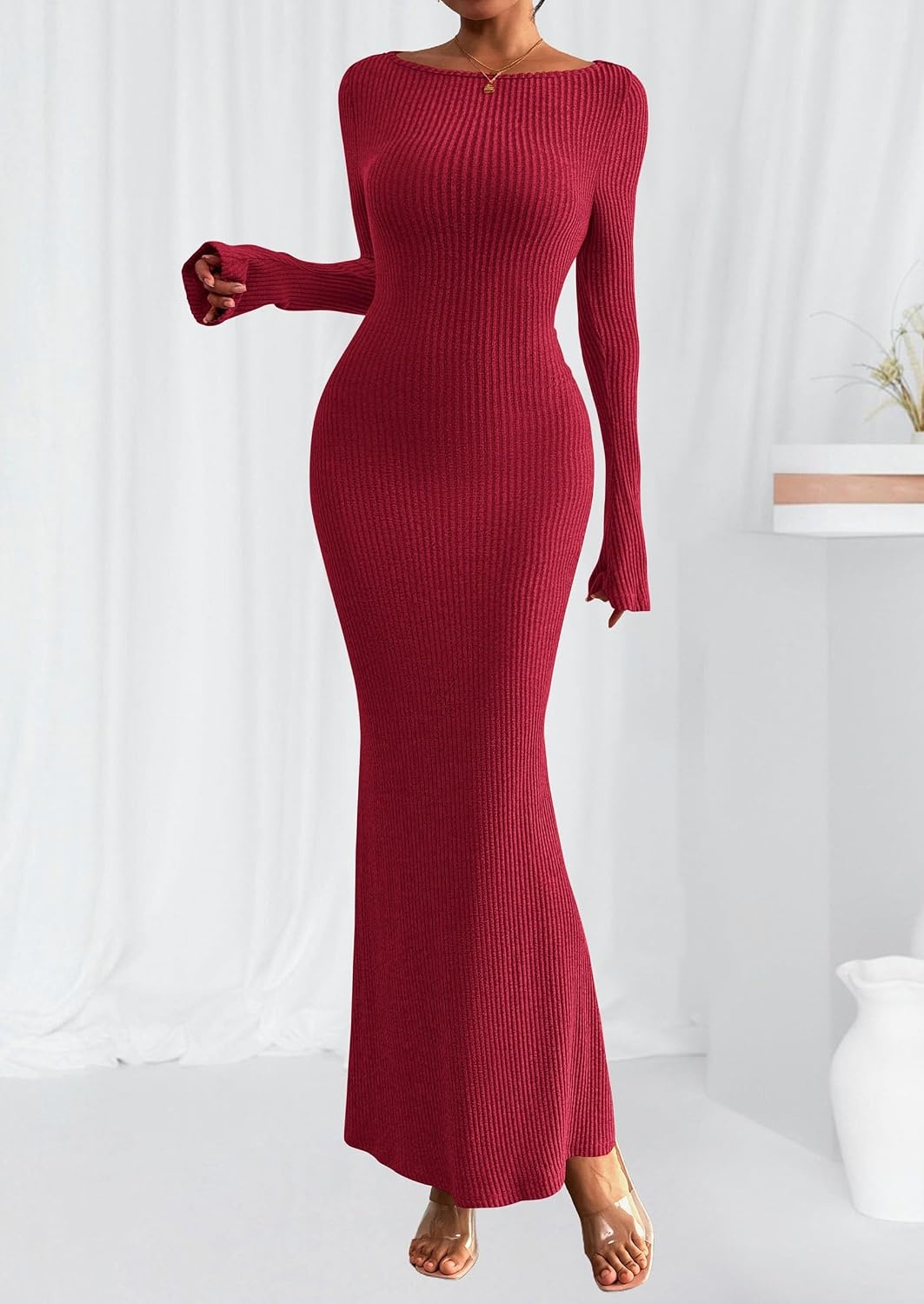 image:imagePRETTYGARDEN Womens Fall Fashion 2026 Long Sleeve Maxi Dress Ribbed Knit Boat Neck Bodycon Casual Dresses Going Out OutfitsRed
